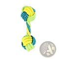 A vibrant 18cm rope dog toy in yellow and teal green braided sections with knotted ends for small and medium dogs