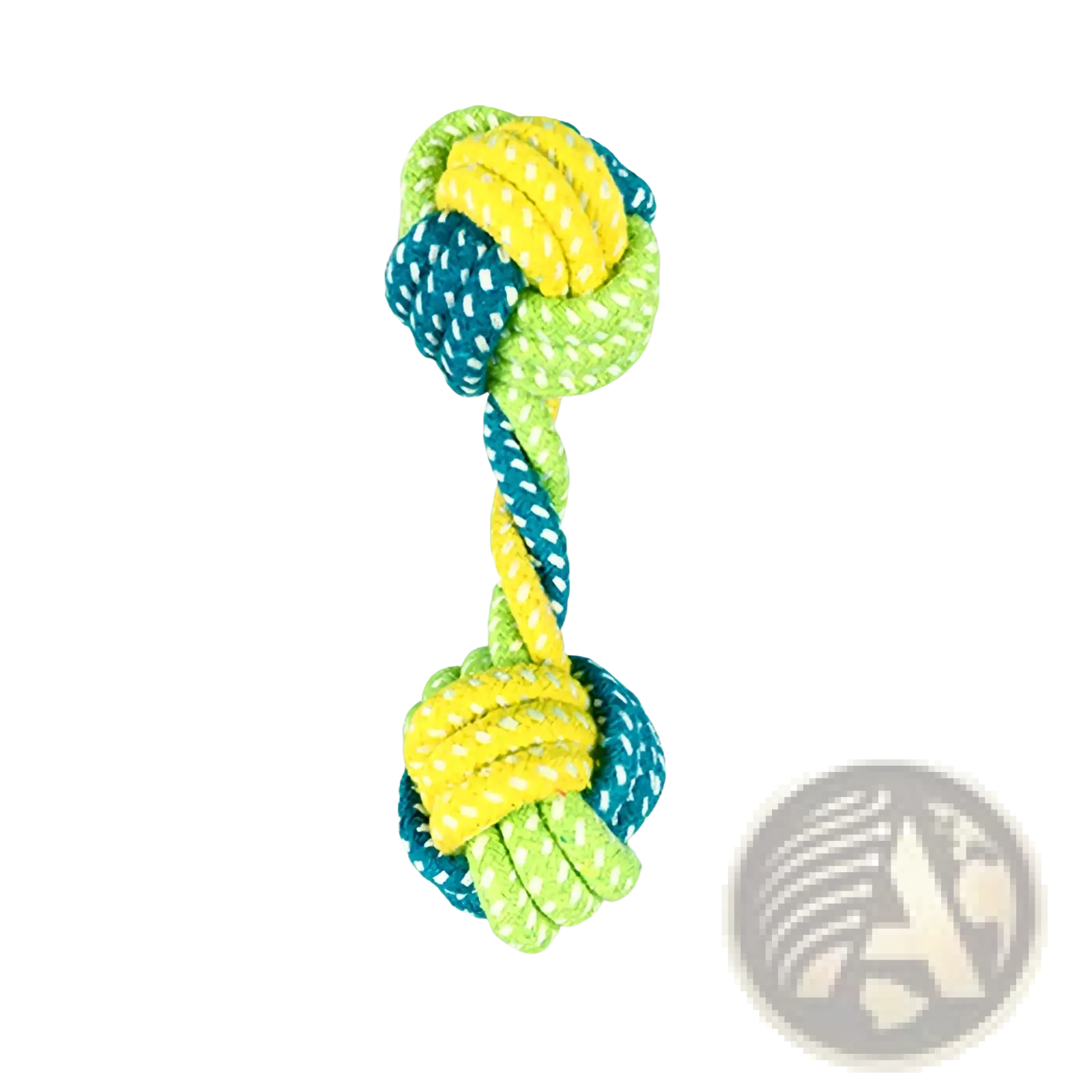 A vibrant 18cm rope dog toy in yellow and teal green braided sections with knotted ends for small and medium dogs