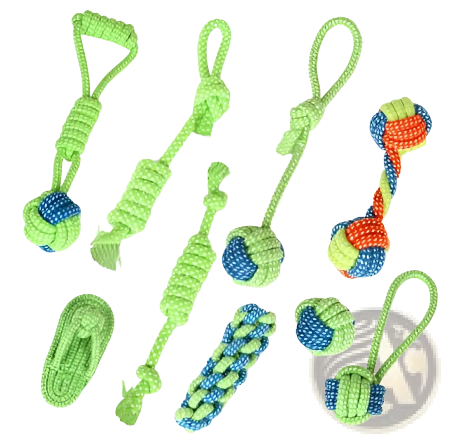 Bright green and blue braided rope dog toys in a 13-pack for small and medium dogs in seven variants