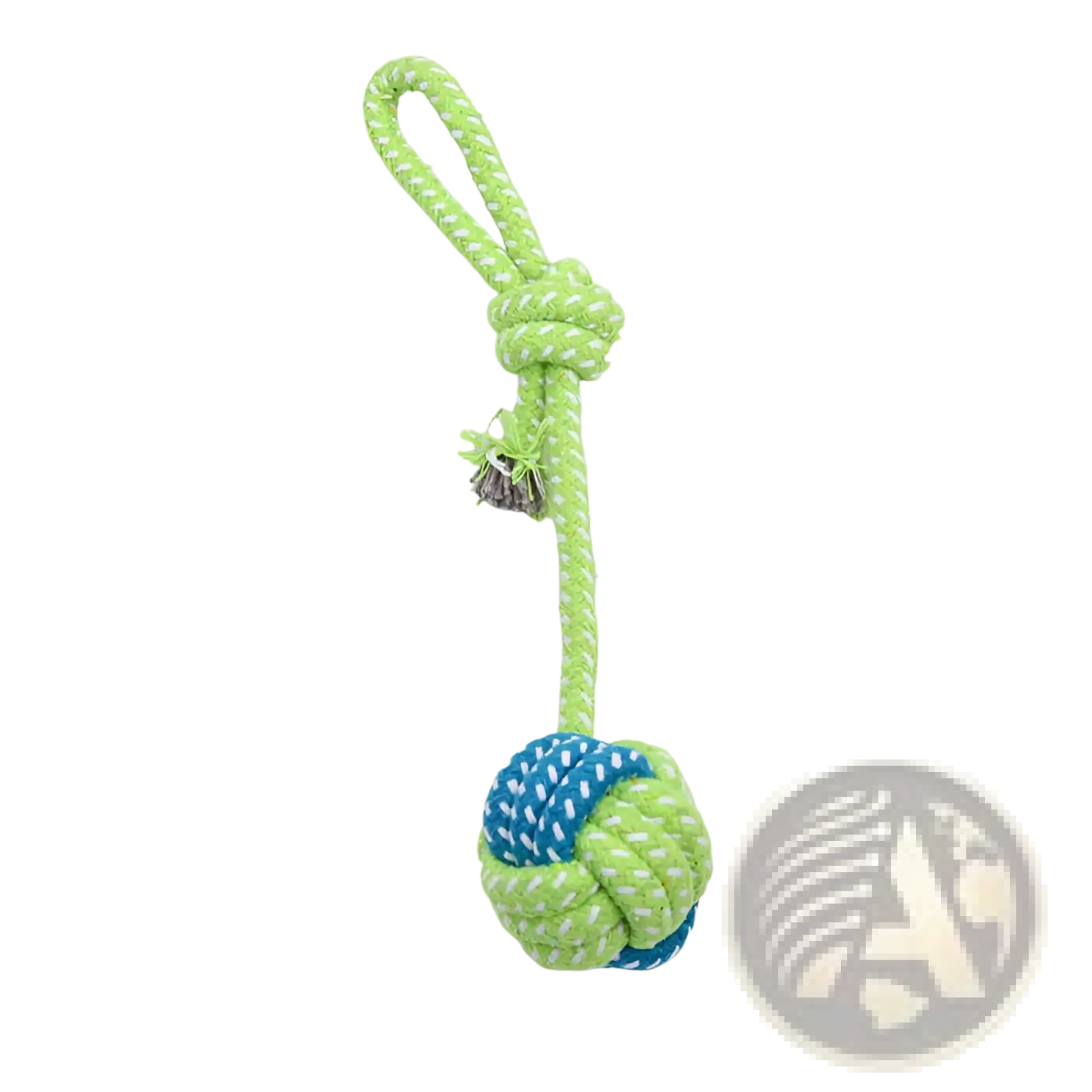 Dog rope toy for small and medium dogs lime green and blue rope knotted with braided handle for chewing play