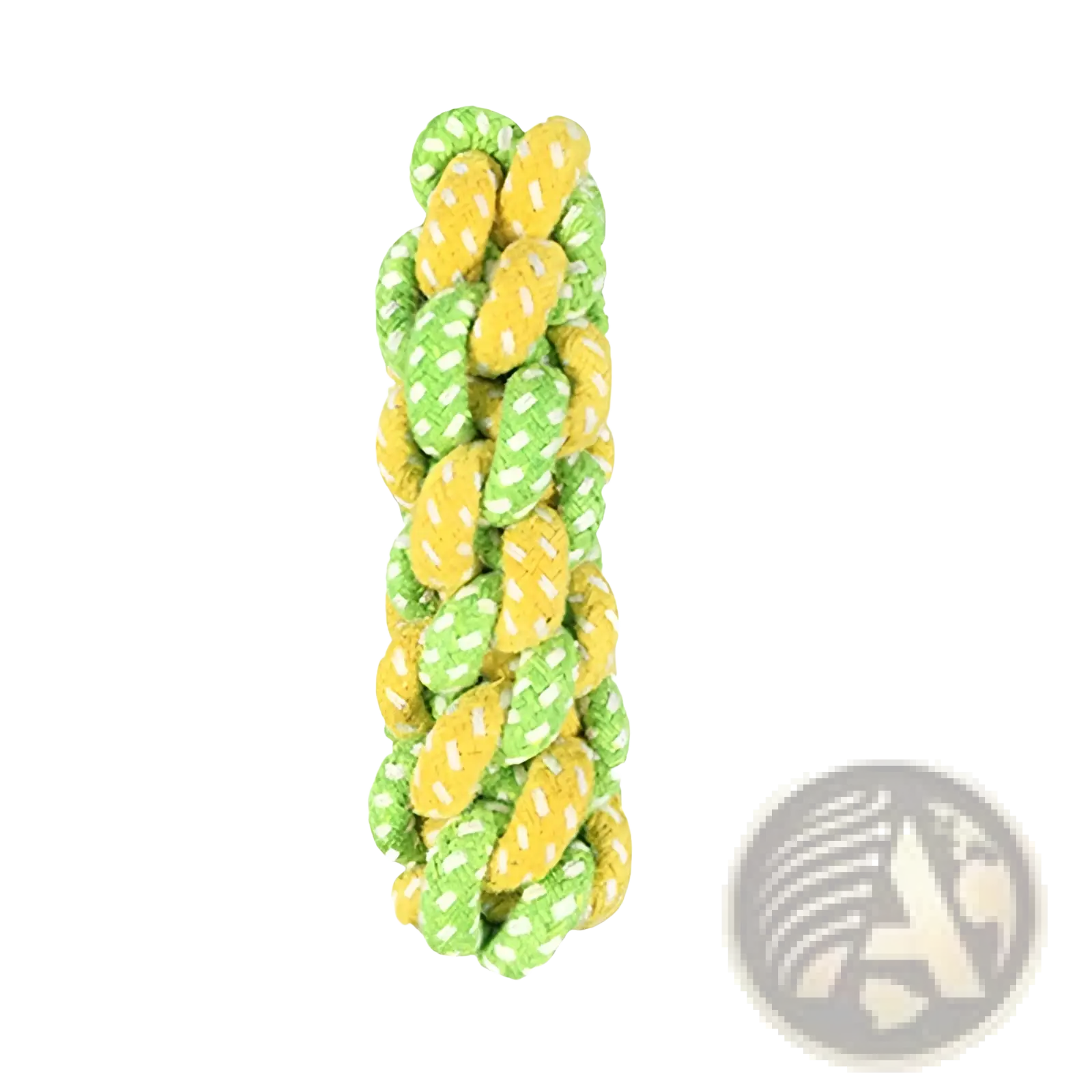A 12cm tall green and yellow braided rope dog toy for small and medium dogs from a 7 variant set
