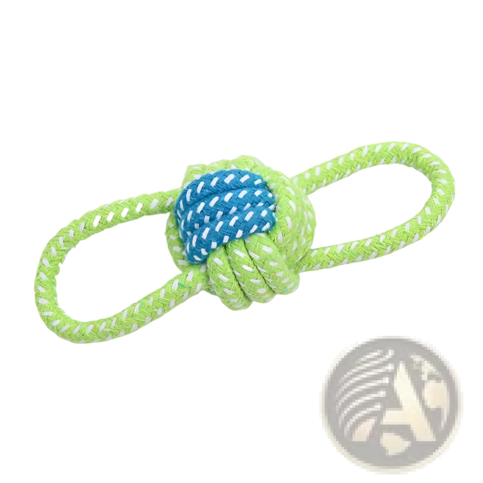 Bright green and blue rope-knotted dog toy with white stitching details designed for small and medium dogs in 7 variants