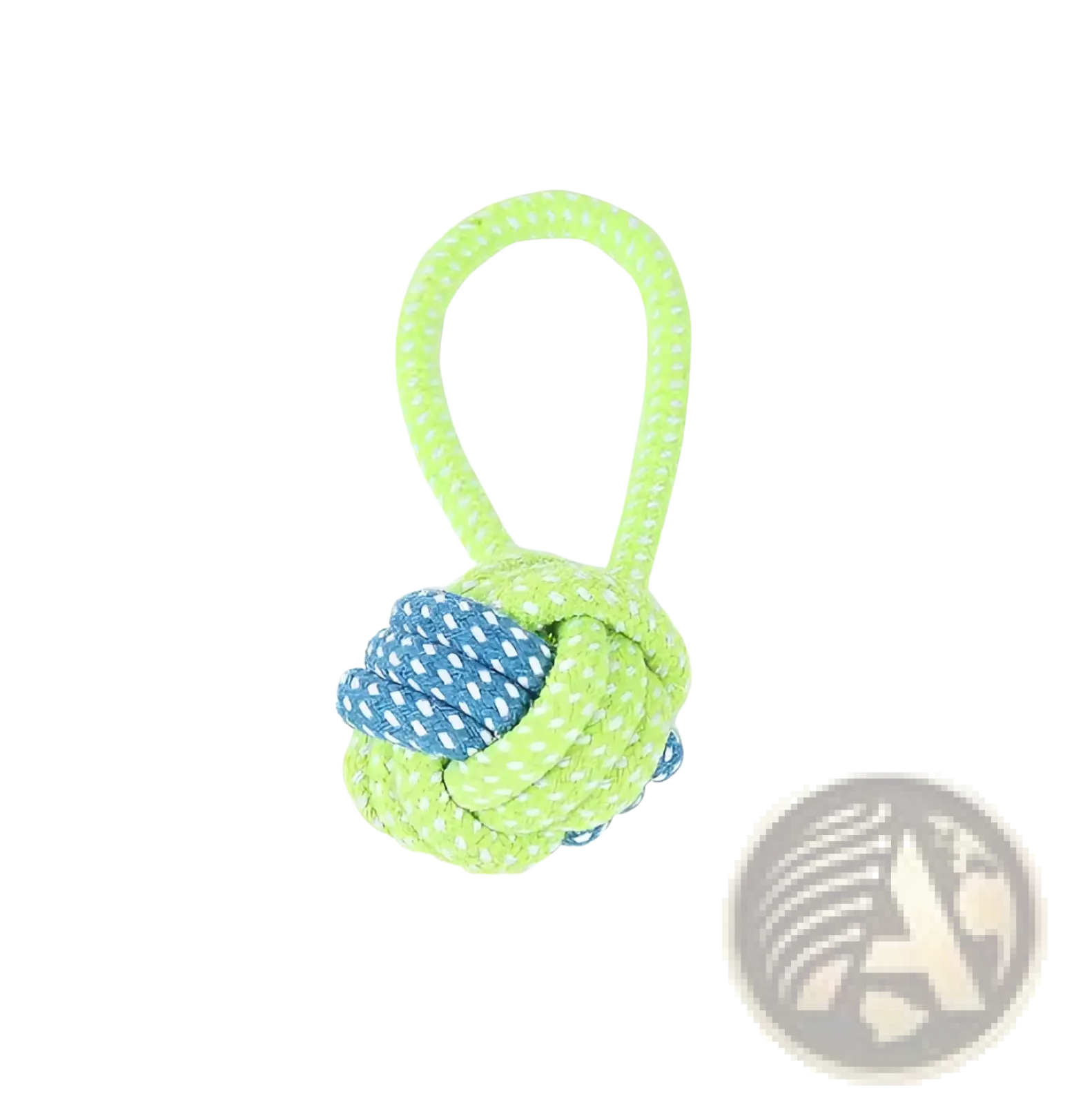 Dog rope toy for small and medium dogs in lime green and blue with knotted rope and loop handle