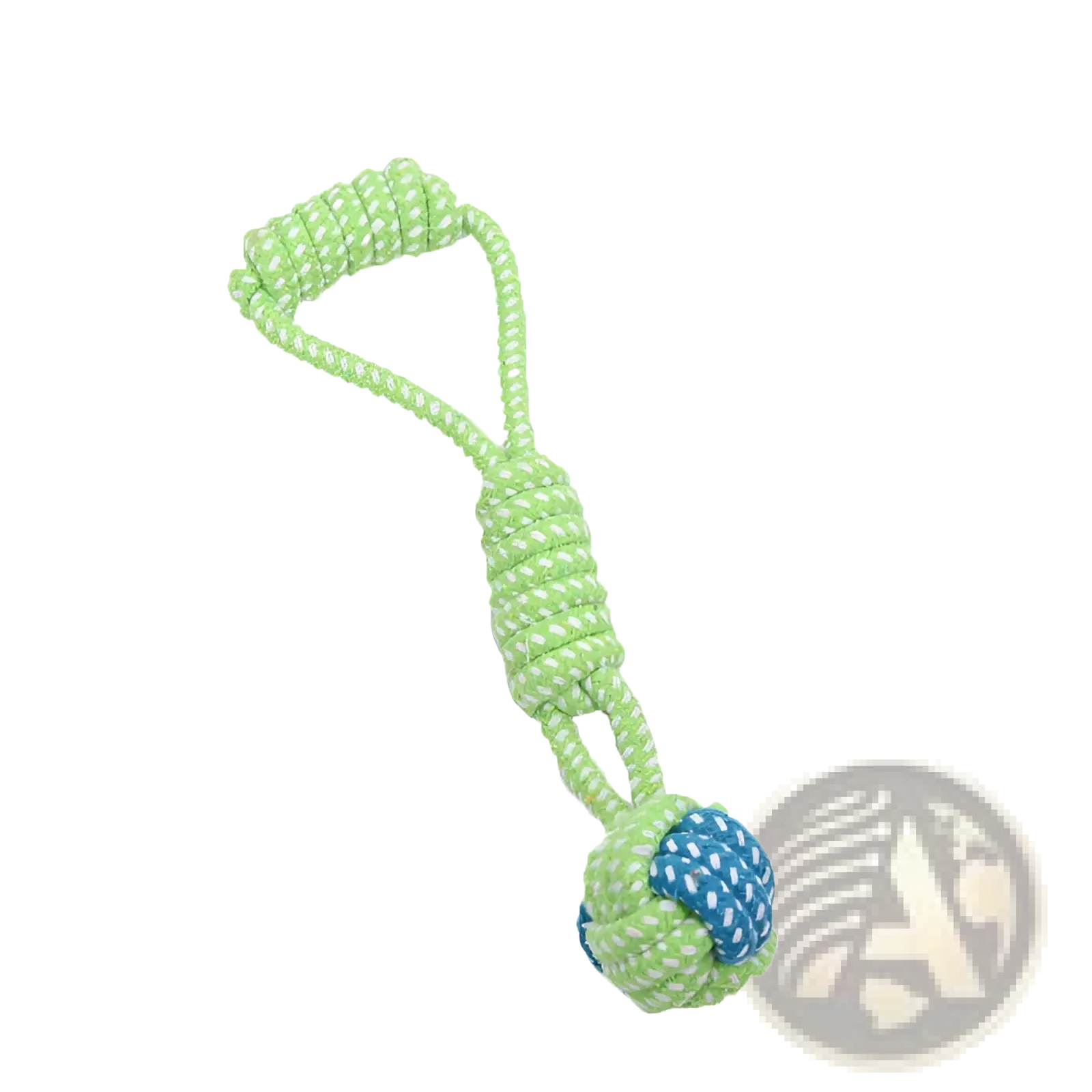 A lime green rope-knotted dog toy with a blue and white patterned knot for small and medium dogs seven variants