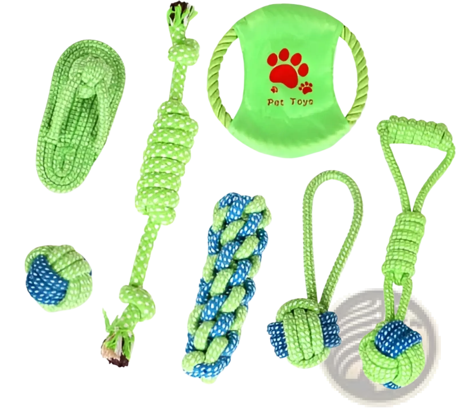 Dog rope toys for small and medium dogs in bright green and blue with circular ring and red paw print logo
