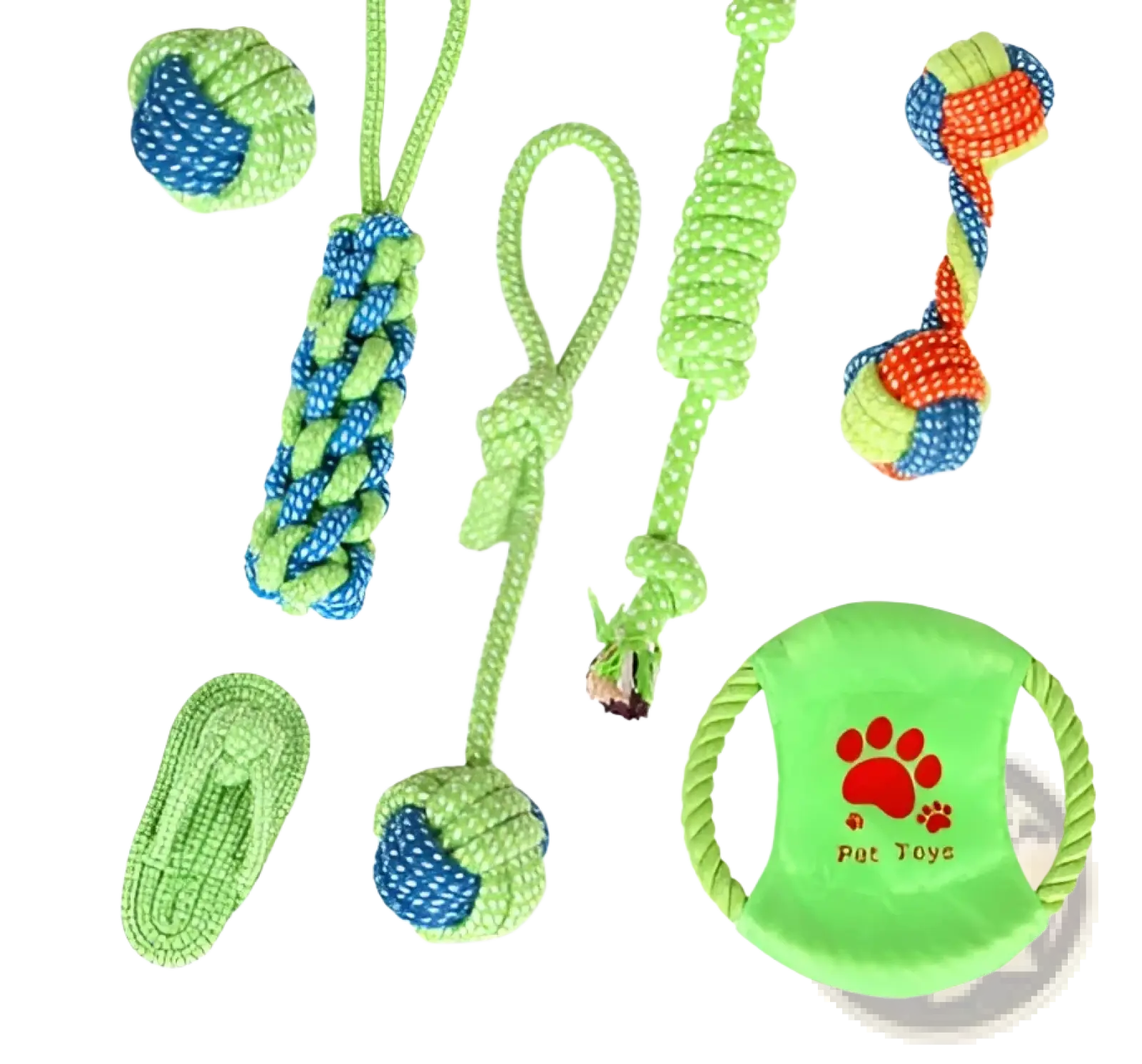 Dog rope toys for small and medium dogs featuring bright green and blue braided ropes with a red paw print frisbee