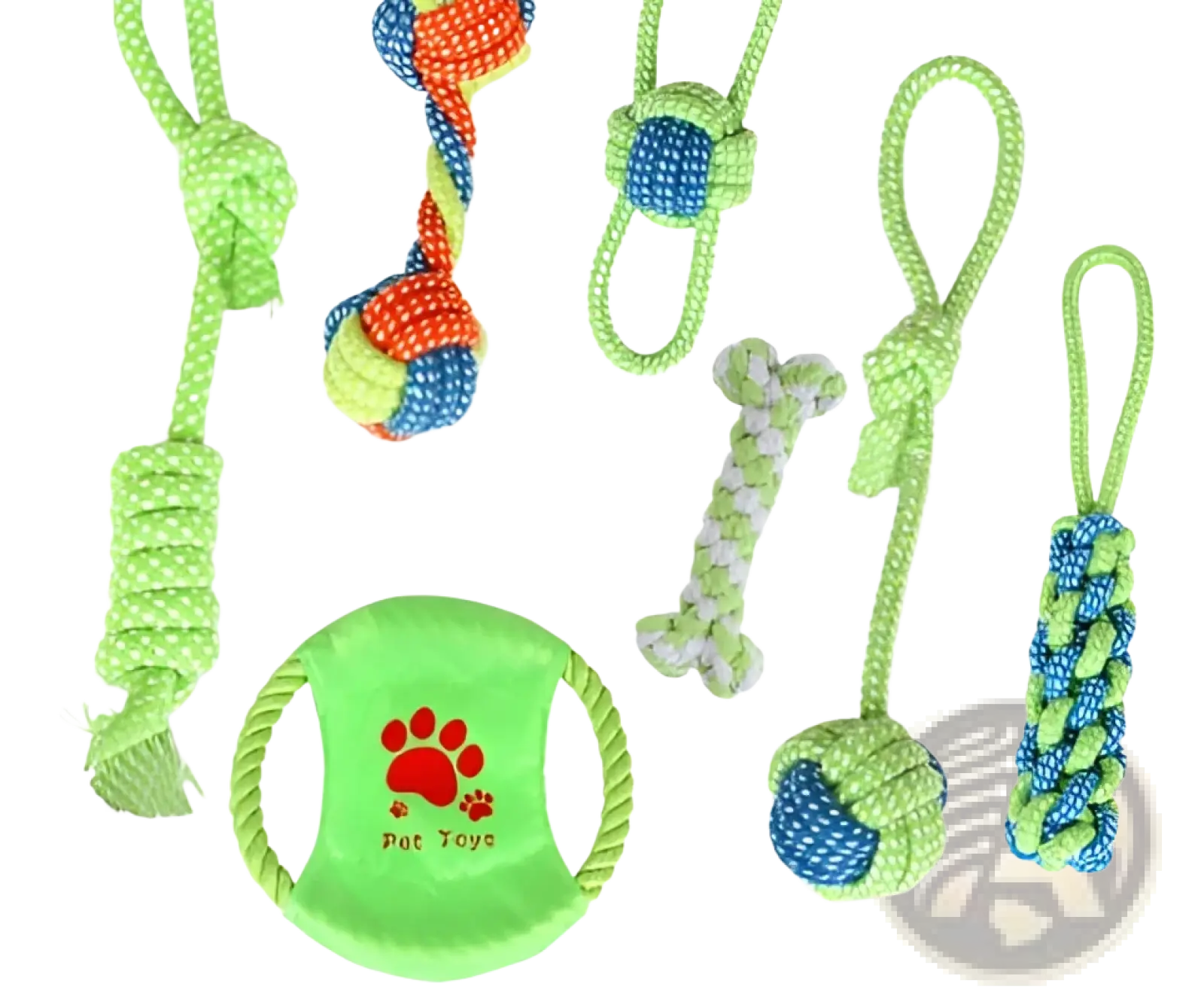 Bright green dog rope toys set with colorful braided and knotted designs including a circular ring for small and medium dogs