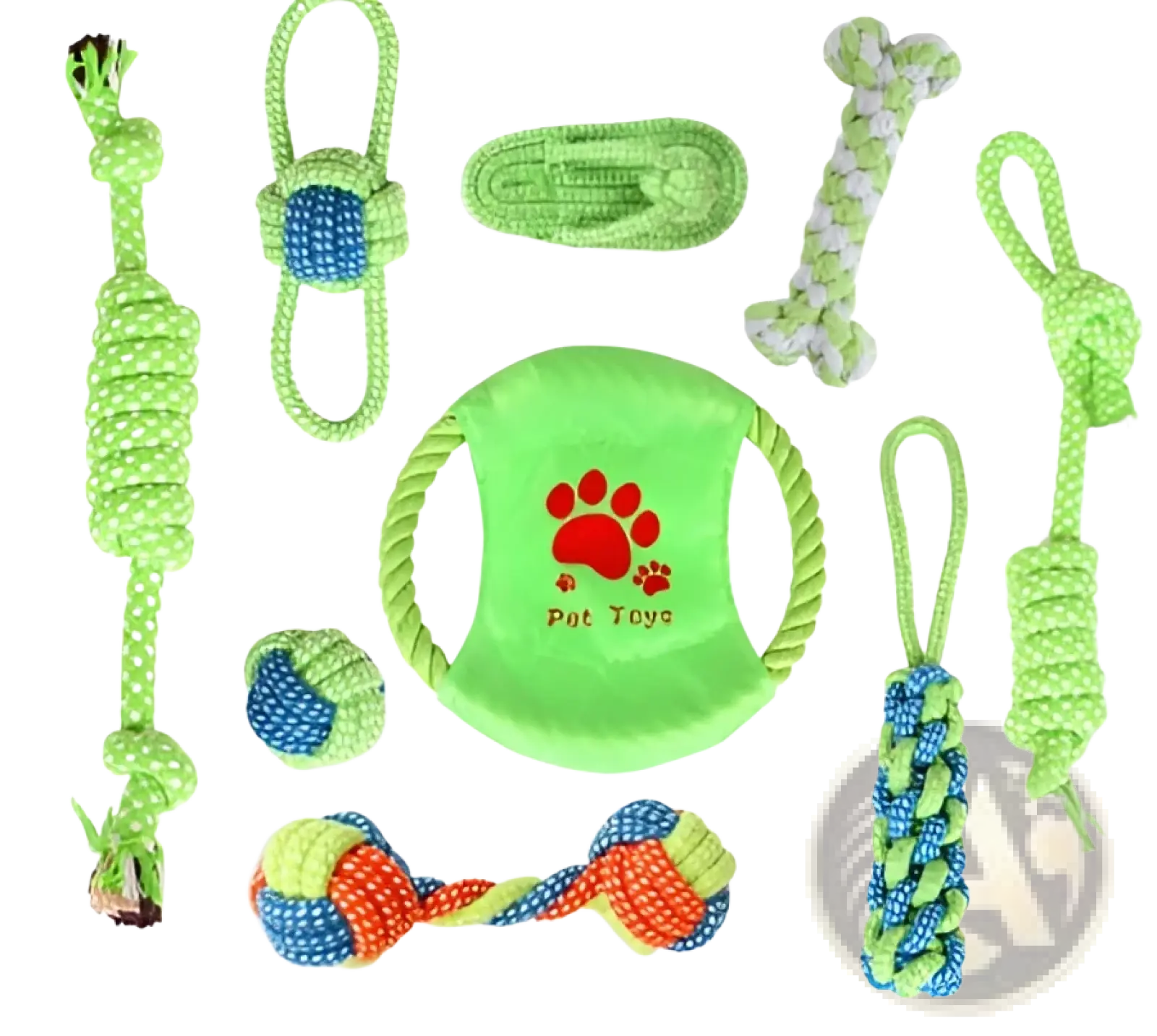 Bright green rope-fringed circular dog toy with red paw print and pet toys text for small and medium dogs