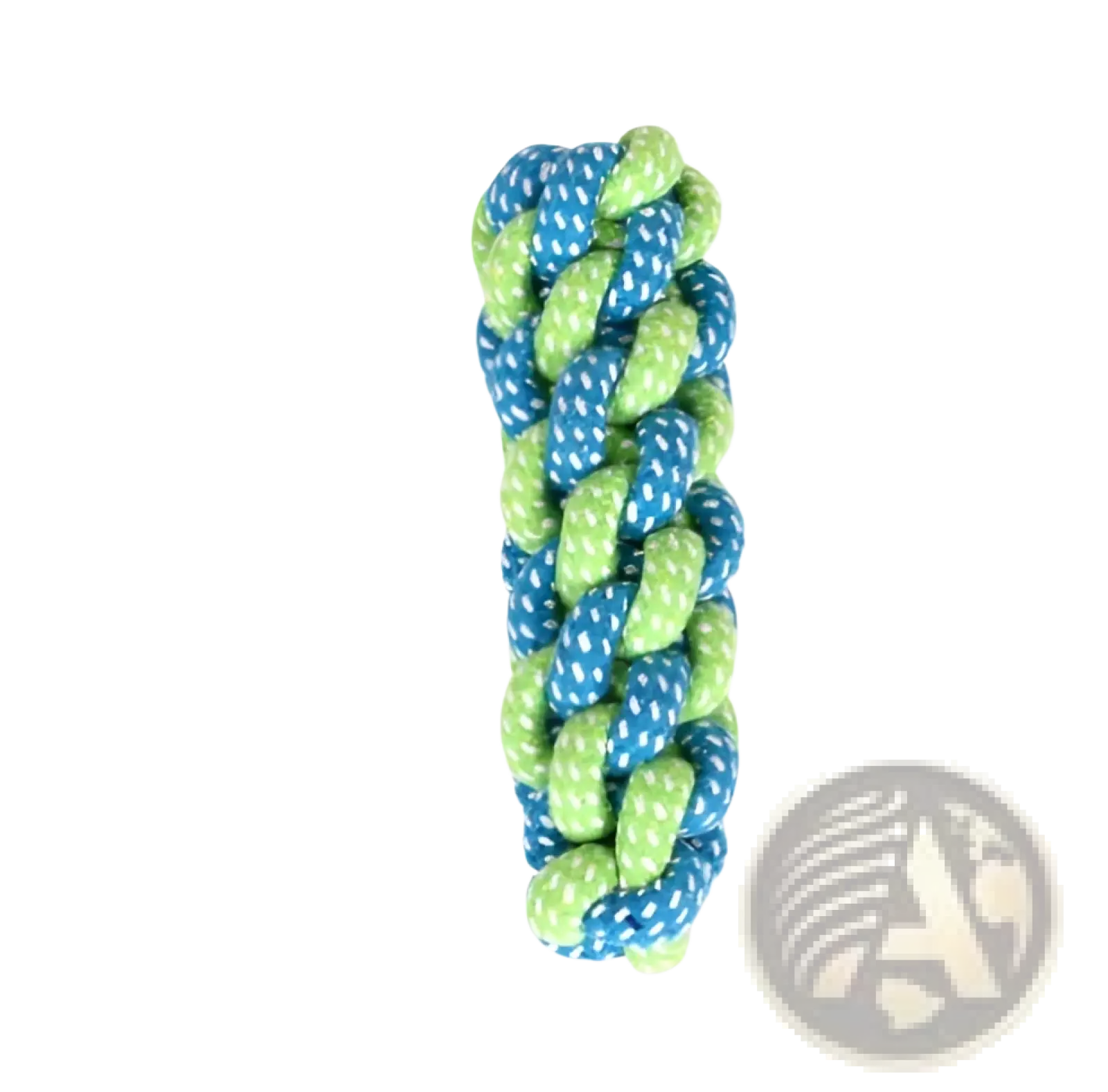A braided dog rope toy for small and medium dogs made of blue and lime green textured interwoven rope