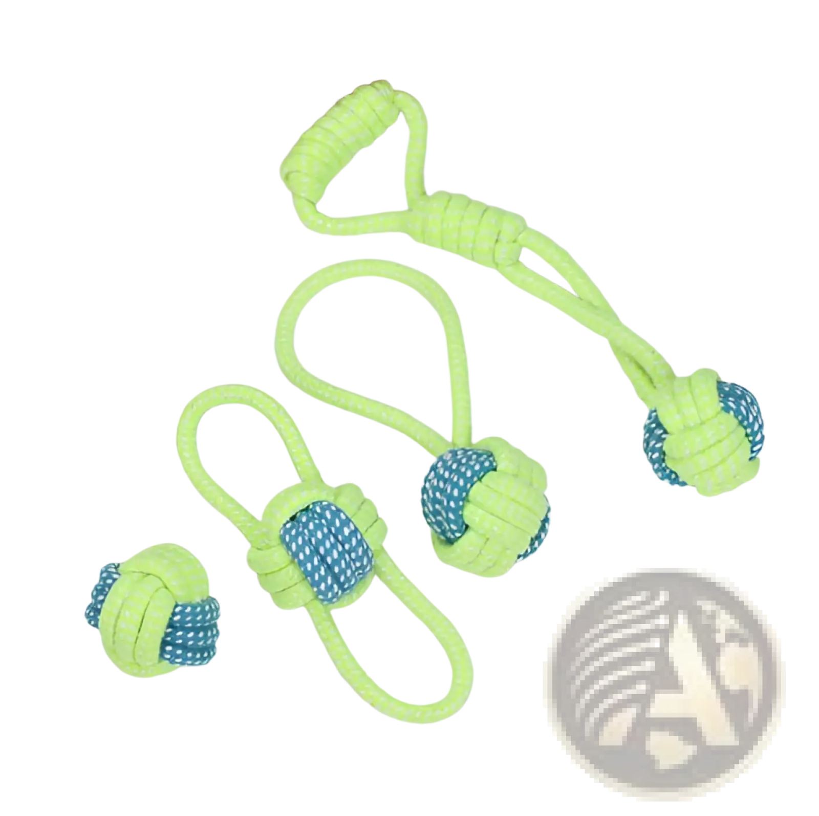 Set of three neon green and blue braided rope dog toys with loop handles for small and medium dogs seven variants