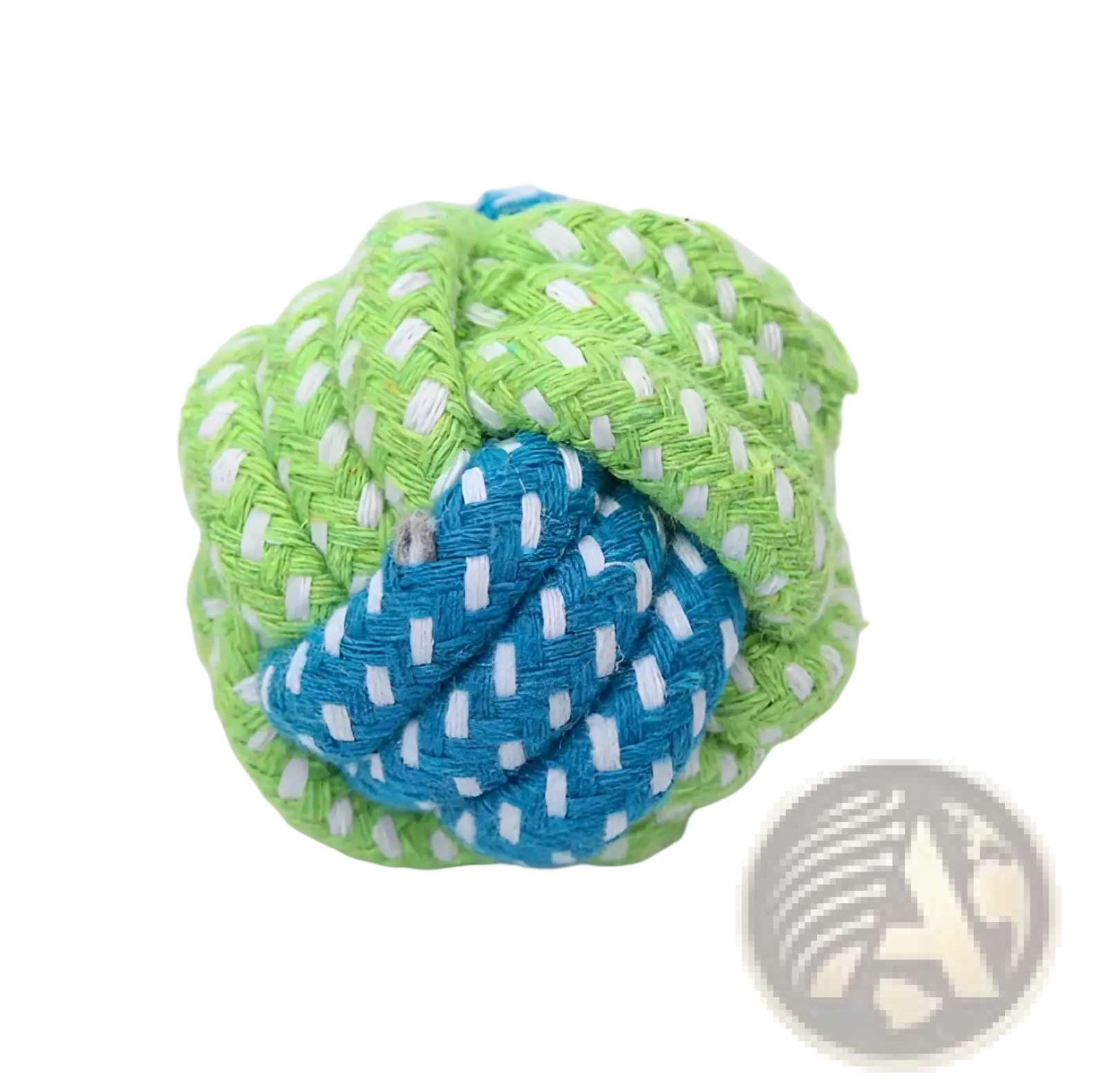 Dog rope toy for small and medium dogs bright green and blue knotted rope with white accents for chewing play