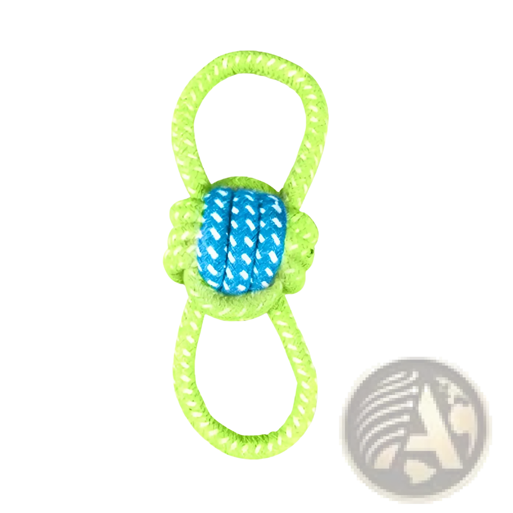 Bright green rope dog toy with blue textured knot designed for small and medium dogs in 7 variants pack