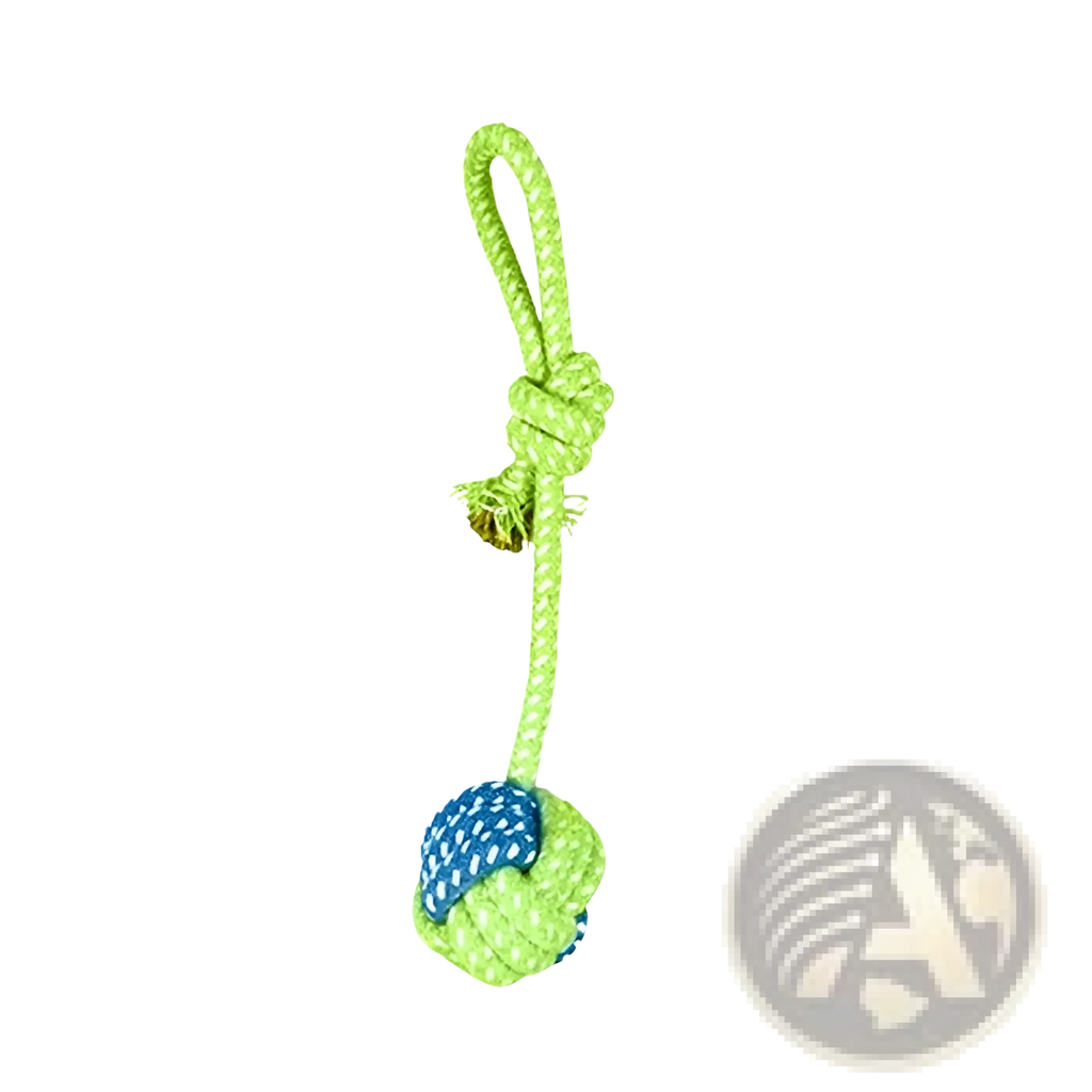 Dog rope toy for small and medium dogs bright green with blue and white patterned knot 22cm length