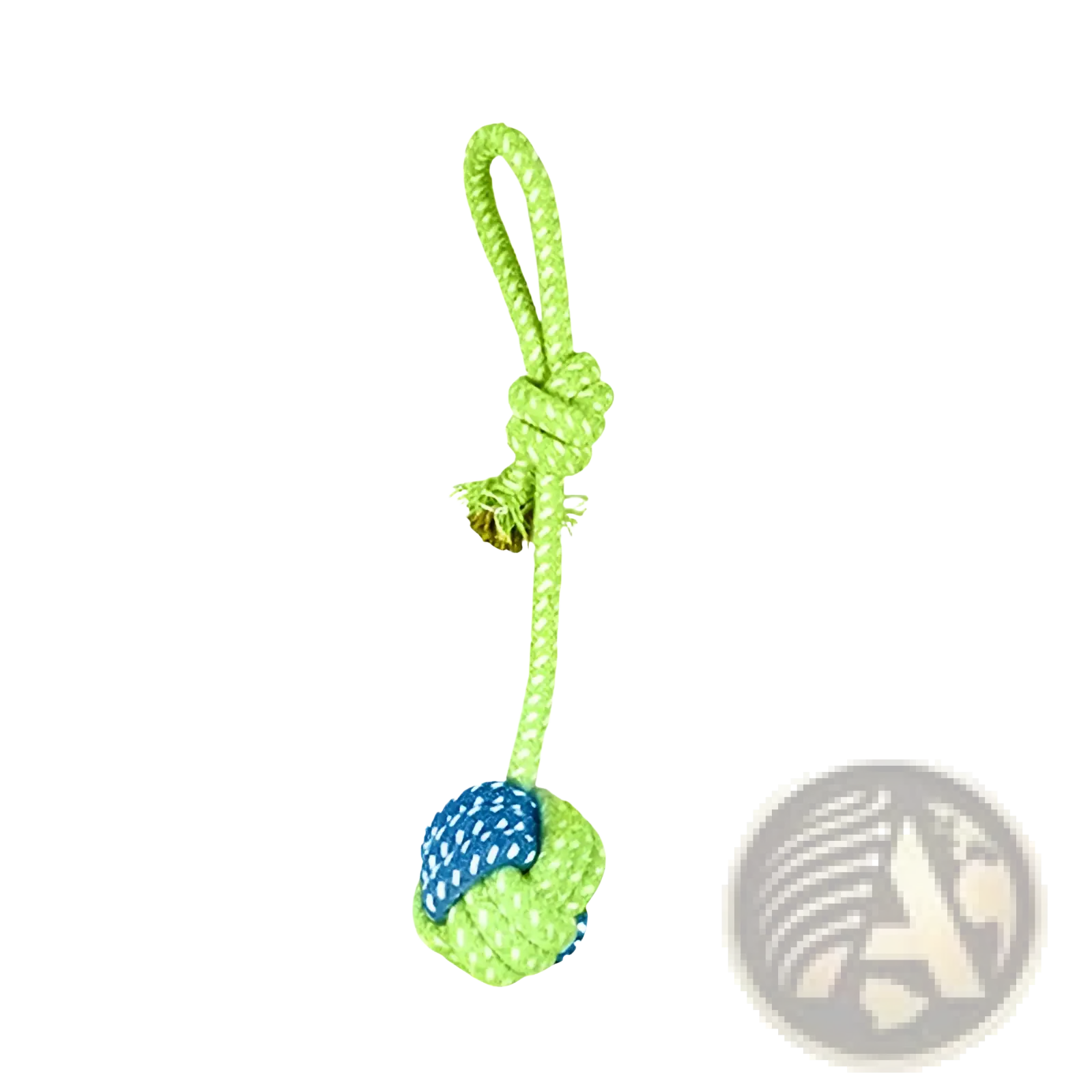 Dog rope toy for small and medium dogs bright green with blue and white patterned knot 22cm length