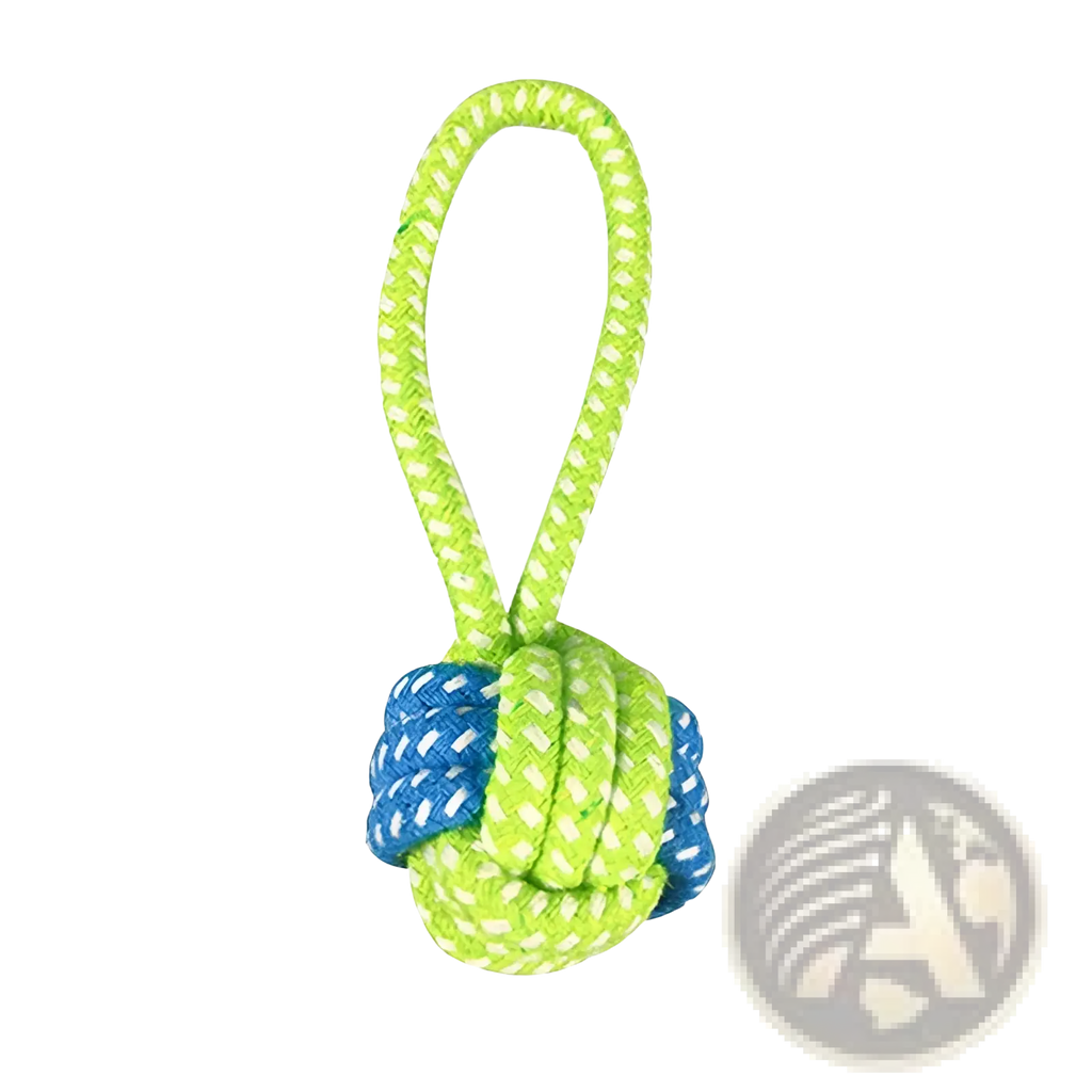 Dog rope toy for small and medium dogs bright green and blue knotted rope with loop handle for chewing play