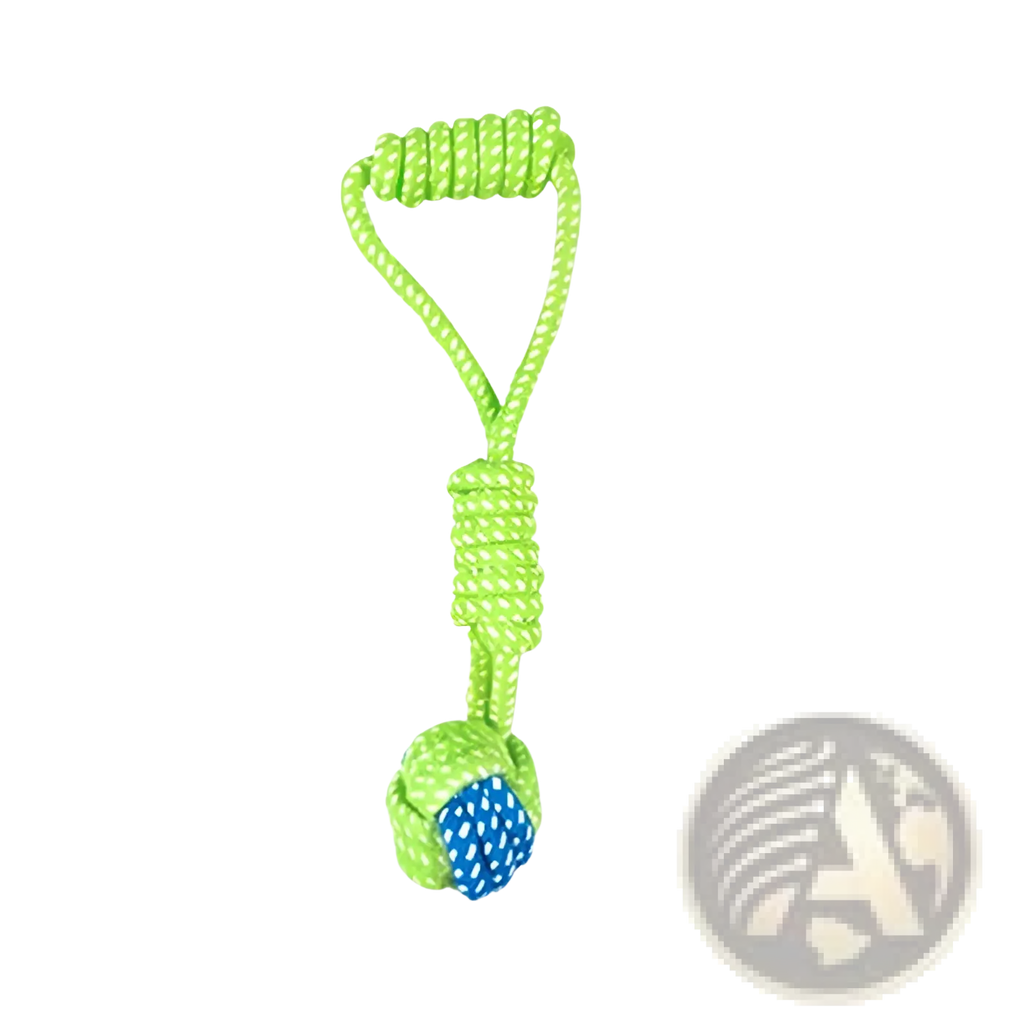 Bright green braided rope dog toy with blue patterned ball designed for small and medium dogs in seven variants