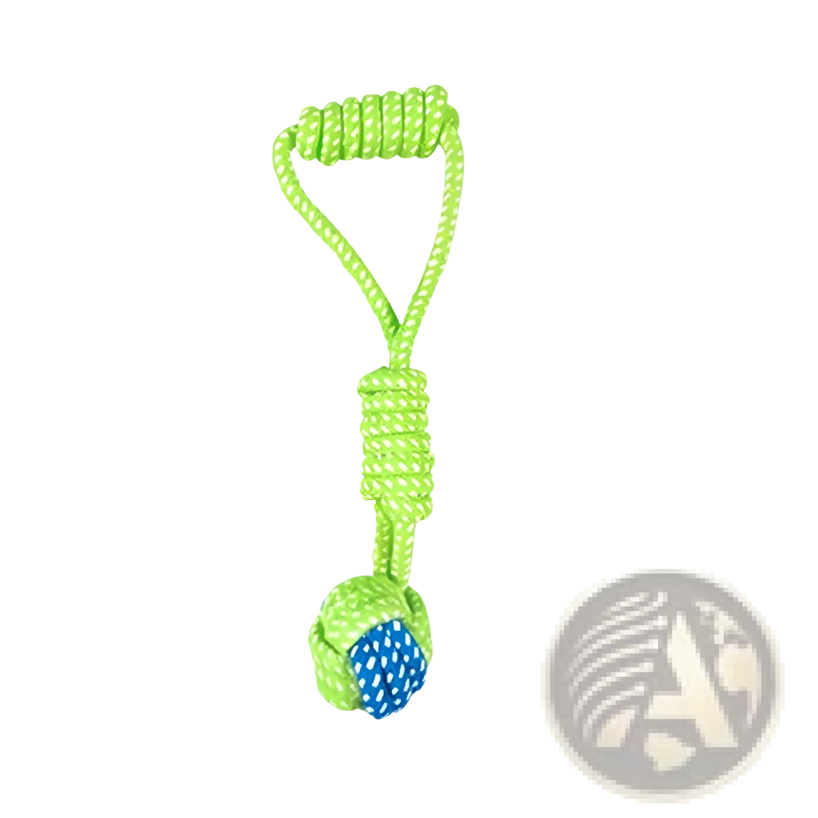 Bright green braided rope dog toy with blue patterned ball designed for small and medium dogs in seven variants