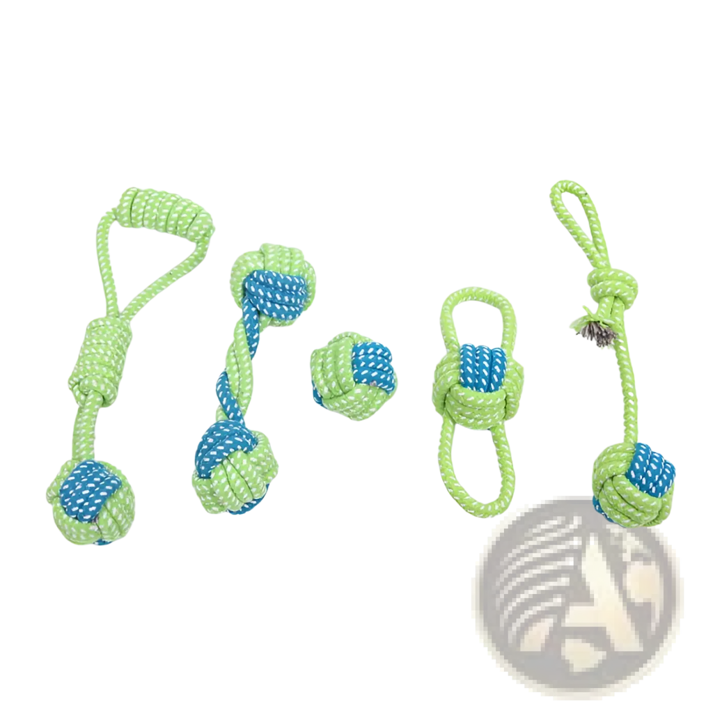 Set of five lime green and blue rope knotted dog toys with loop handles for small and medium dogs