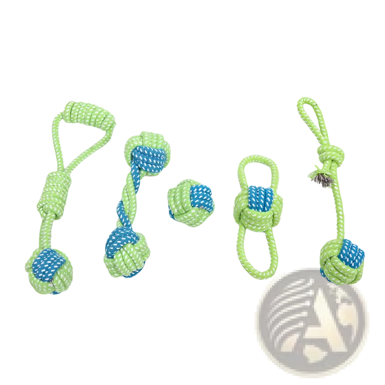 Set of five lime green and blue rope knotted dog toys with loop handles for small and medium dogs
