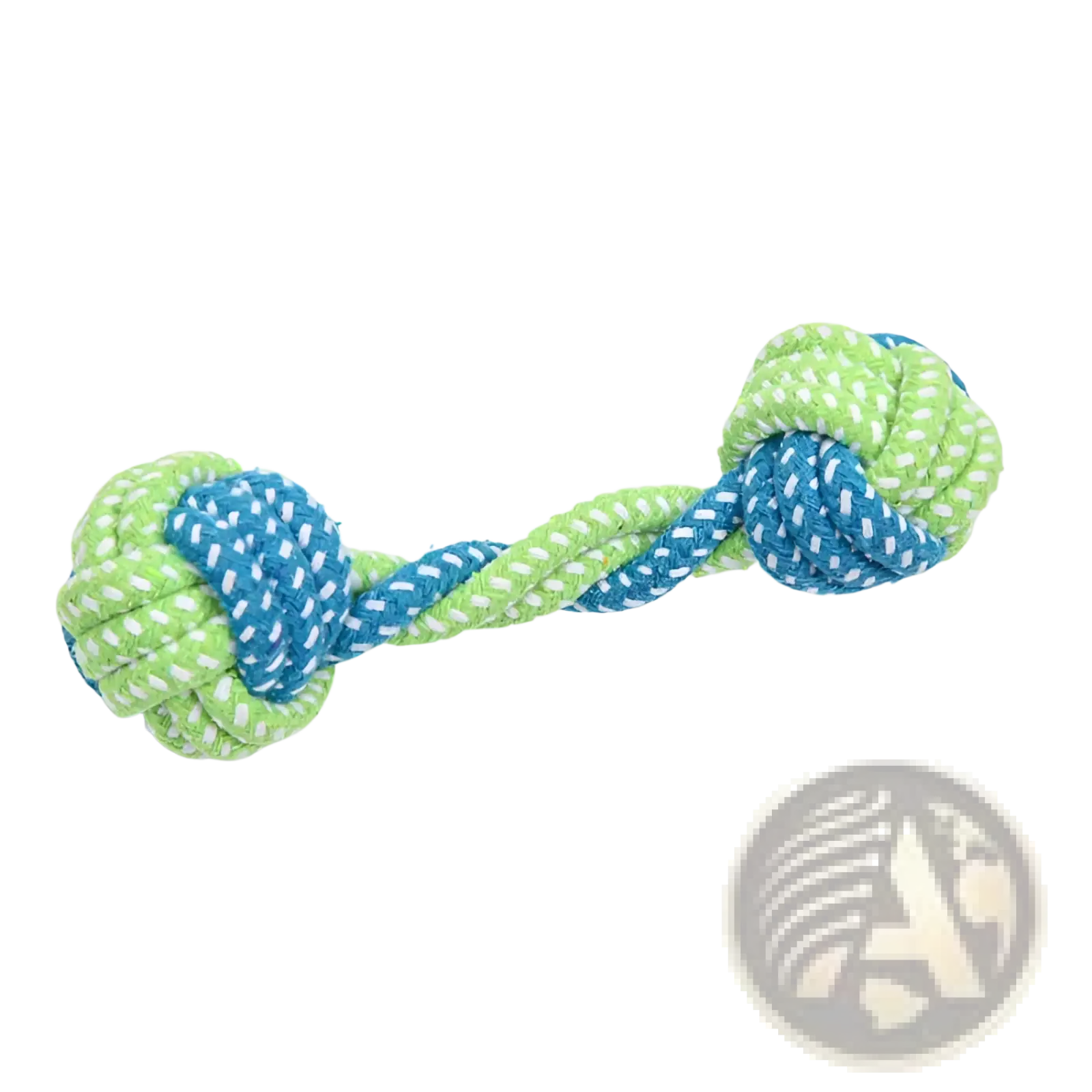A vibrant blue and lime green rope-knotted dog toy with braided center designed for small and medium dogs