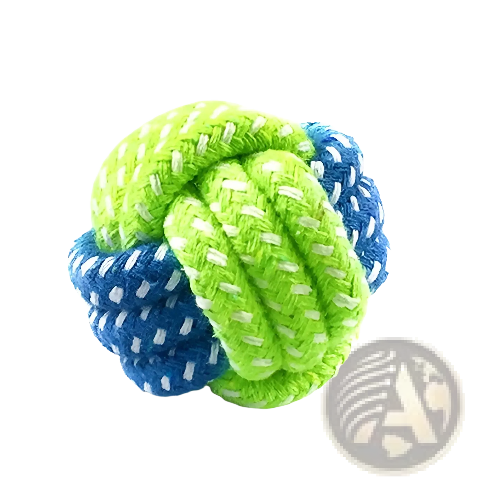 A vibrant green and blue rope-knotted dog toy ball 6cm for small and medium dogs in seven variants