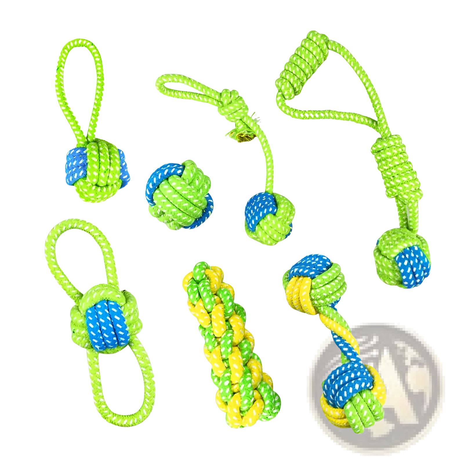 Dog rope toys for small and medium dogs in bright green and blue with textured durable fabric and knotted design