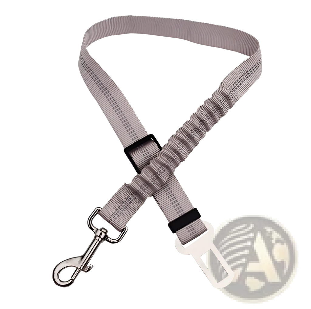 Gray elastic reflective dog seat belt with black plastic buckle and silver metal hook for car safety harness