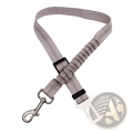 Gray elastic reflective dog seat belt with black plastic buckle and silver metal hook for car safety harness