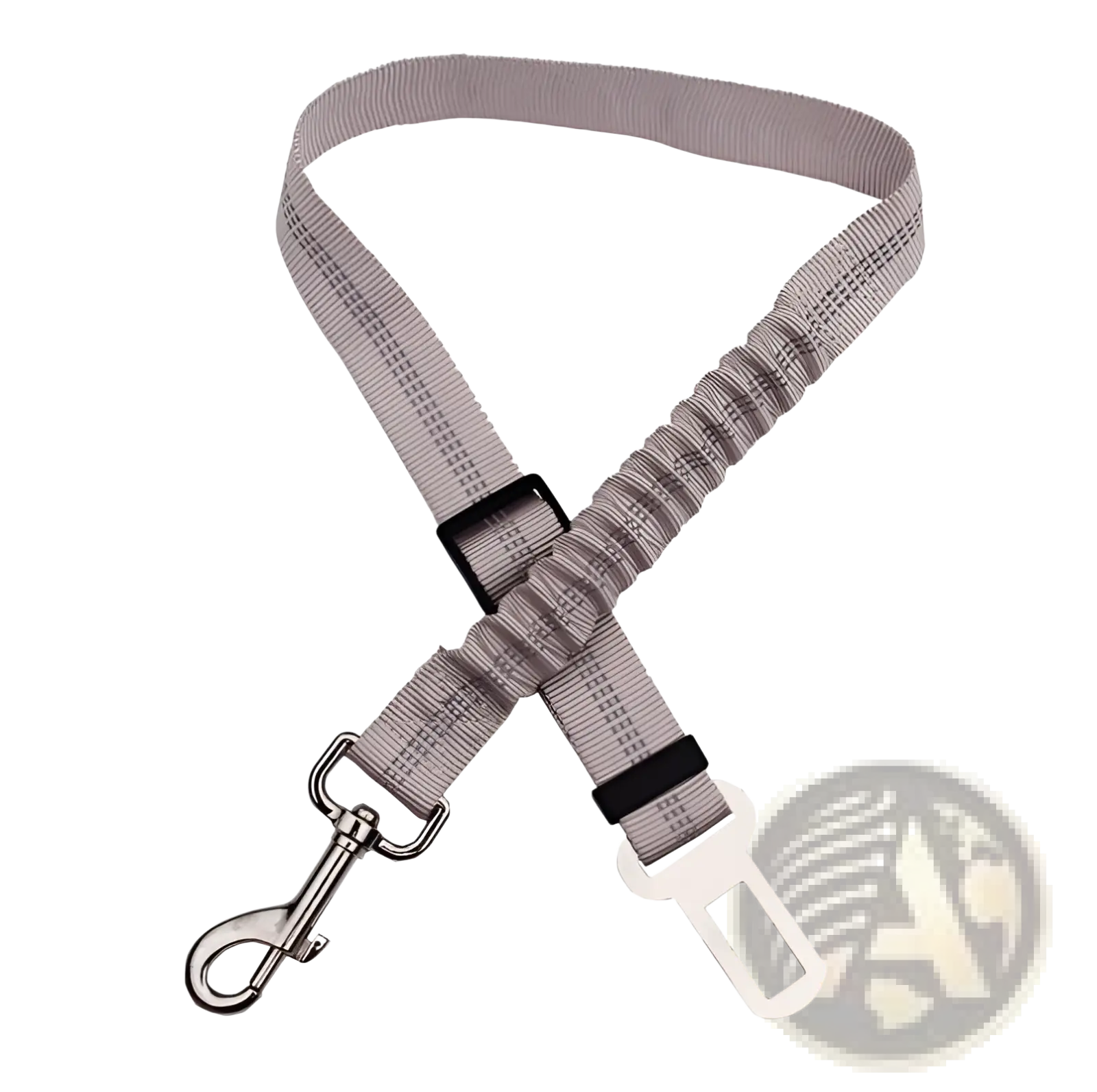 Gray elastic reflective dog seat belt with black plastic buckle and silver metal hook for car safety harness