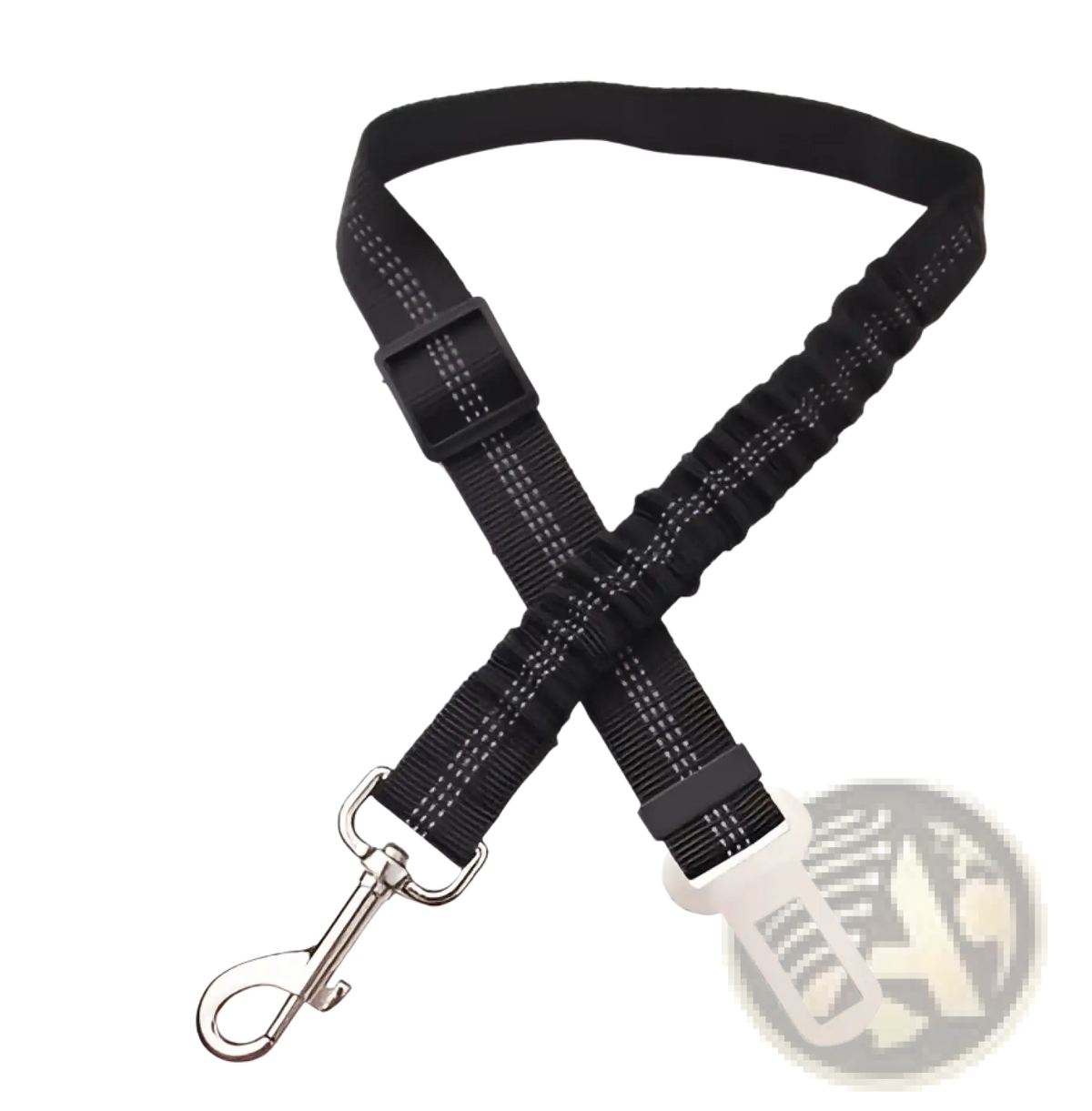 Black elastic dog seat belt strap with silver metal hook and white plastic clip for pet car safety harness lead