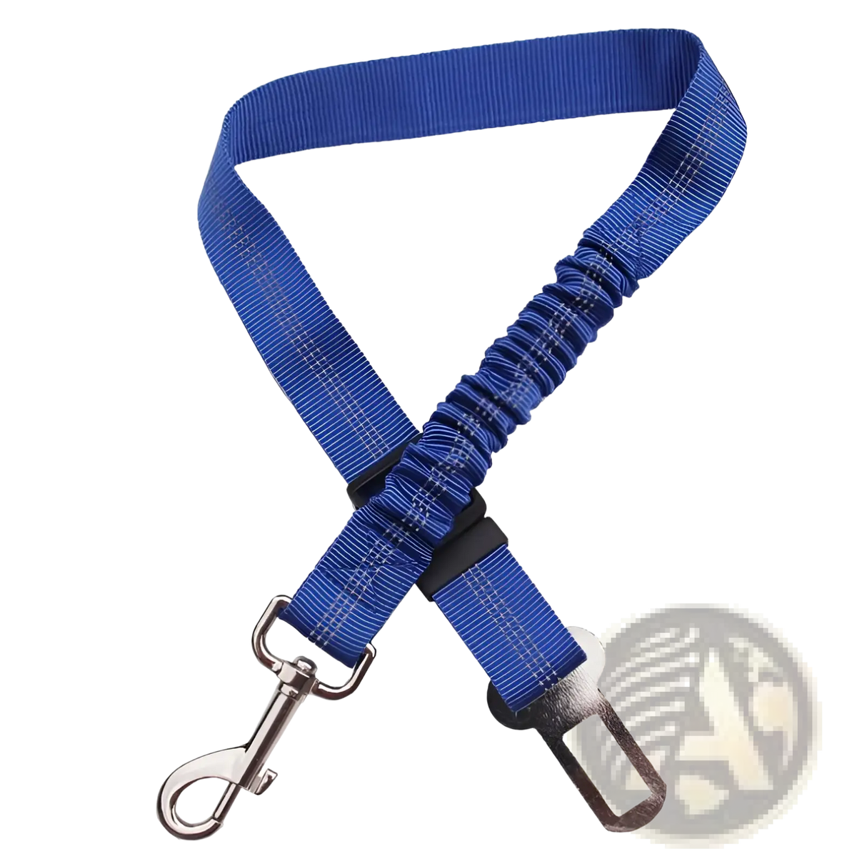 Blue elastic dog safety harness with reflective lead metal d-ring and seatbelt clip for secure car travel