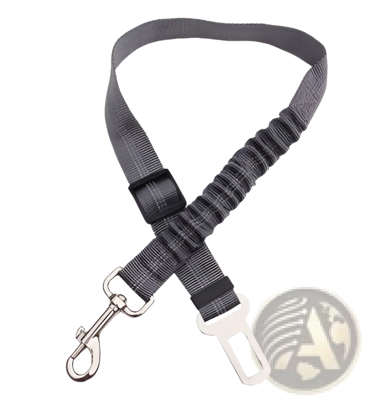Gray elastic dog seat belt safety harness lead with black plastic buckle and silver metal car seat belt clip