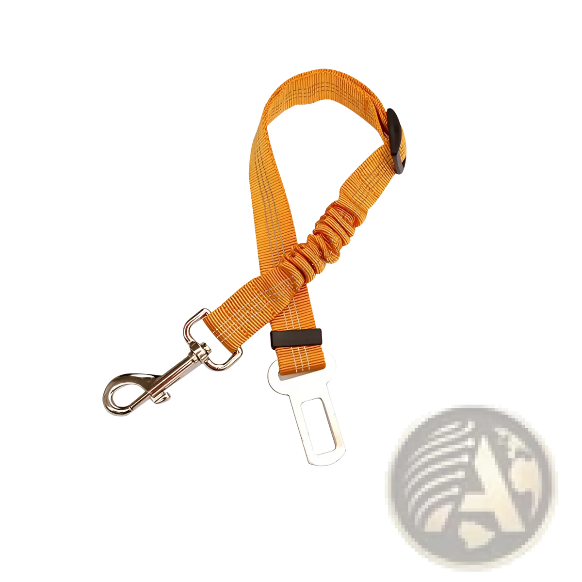 Orange woven fabric dog seat belt leash with silver metal clip and buckle for elastic reflective safety harness lead