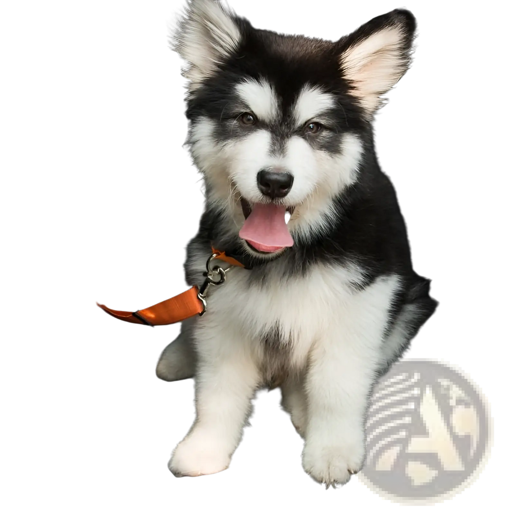 A fluffy black and white Alaskan Malamute puppy wearing an orange elastic reflective dog seat belt safety harness