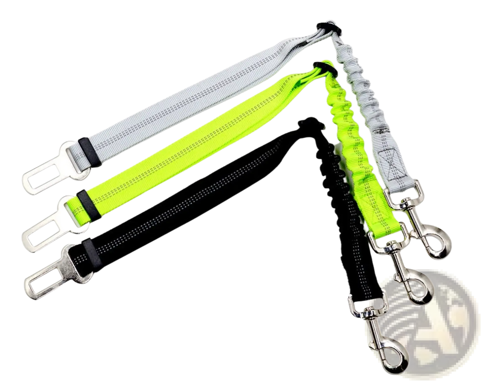Three dog seat belt elastic reflective safety harness leads in gray neon green and black with metal connectors and reflective stripes