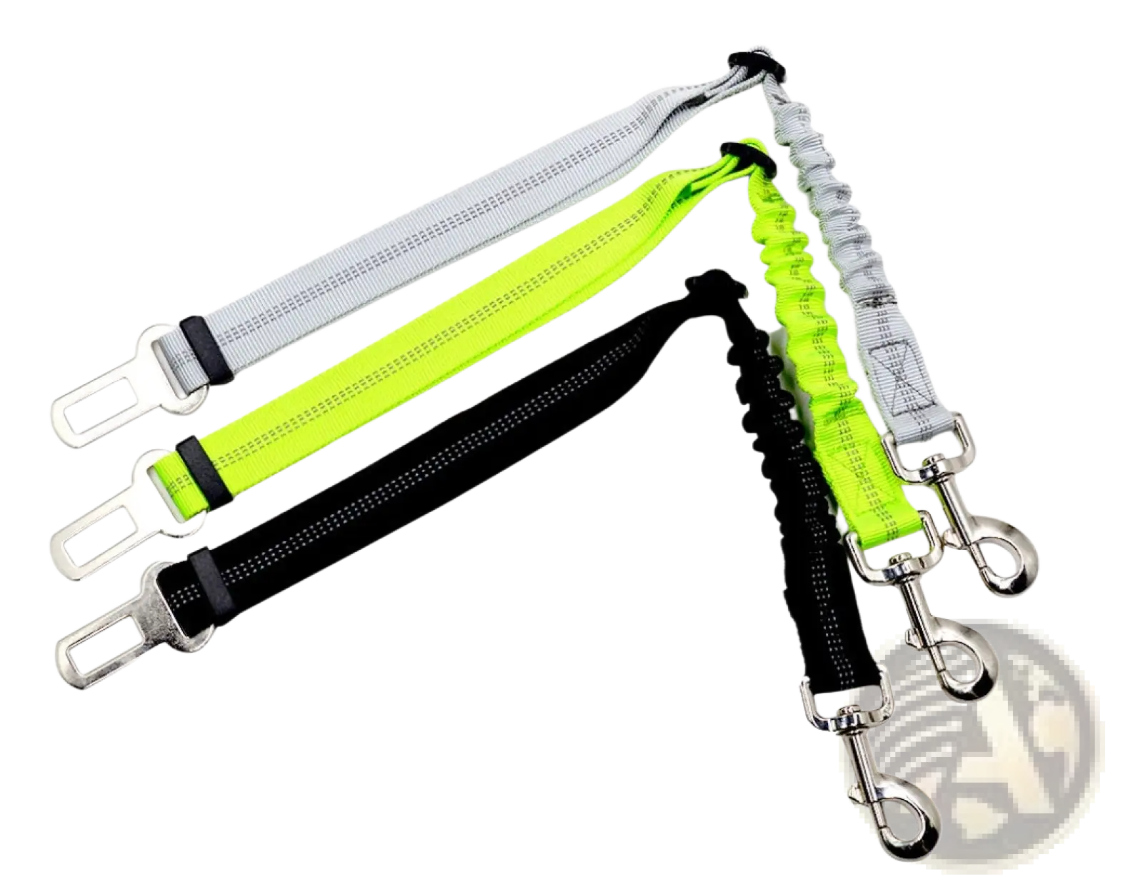 Three dog seat belt elastic reflective safety harness leads in gray neon green and black with metal connectors and reflective stripes