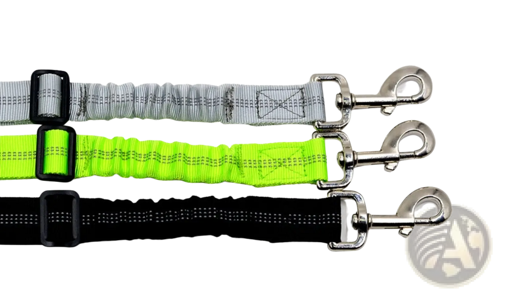 Dog seat belt elastic reflective safety harness lead with gray neon green and black straps and metal d-rings