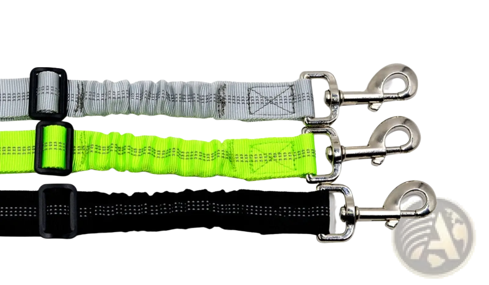 Dog seat belt elastic reflective safety harness lead with gray neon green and black straps and metal d-rings