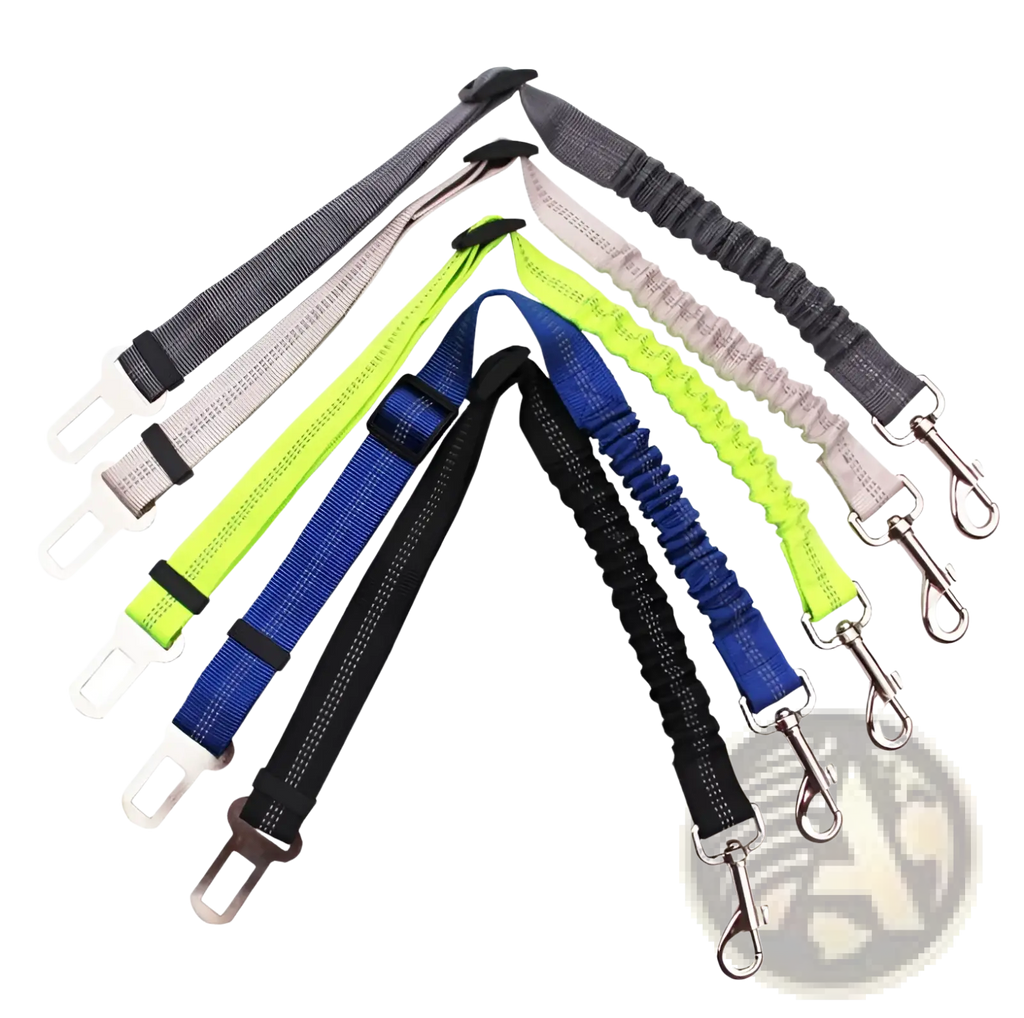 A set of colorful elastic dog seat belt safety harness leads with reflective strips and metal car seat belt hooks