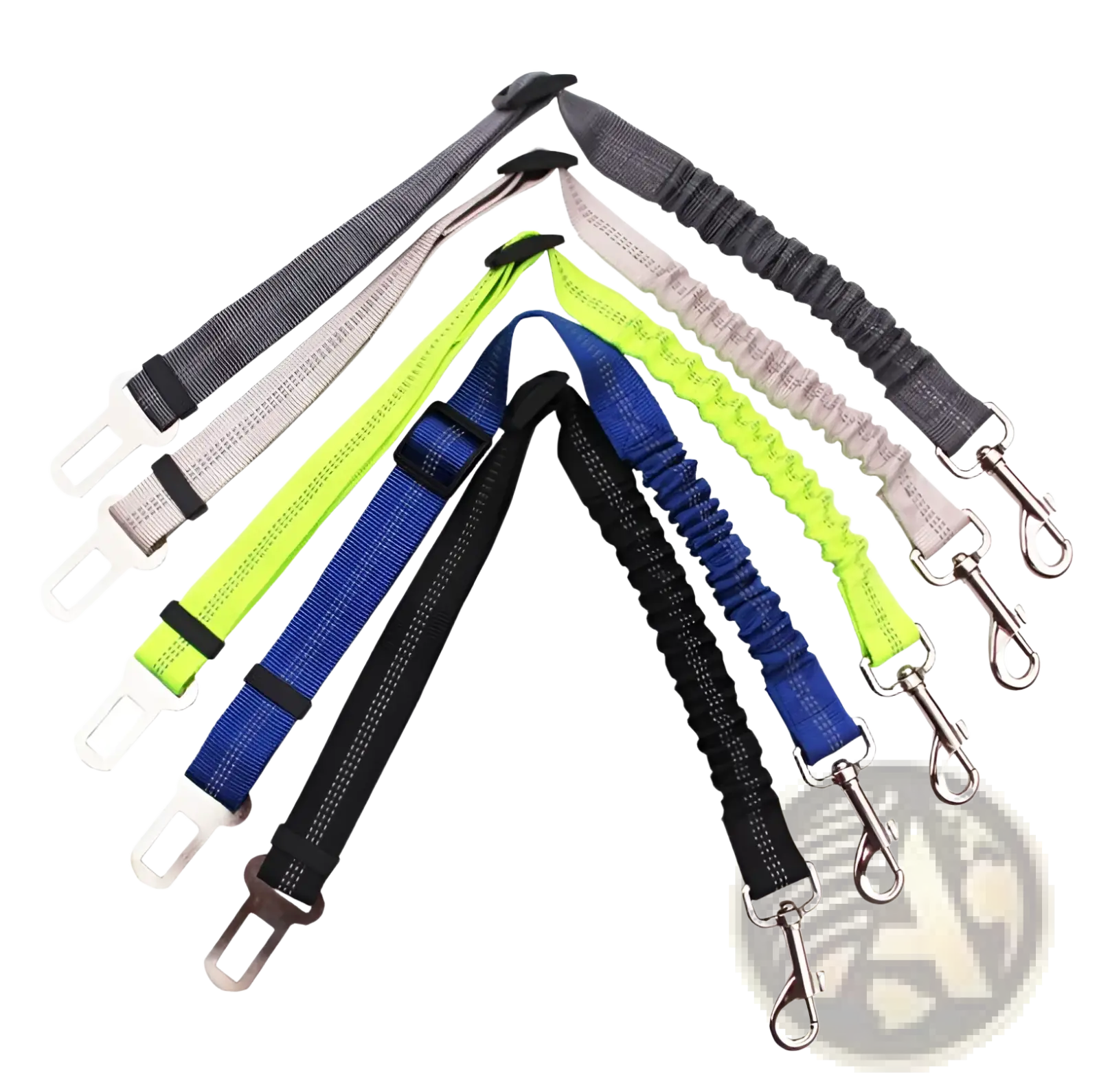 A set of colorful elastic dog seat belt safety harness leads with reflective strips and metal car seat belt hooks