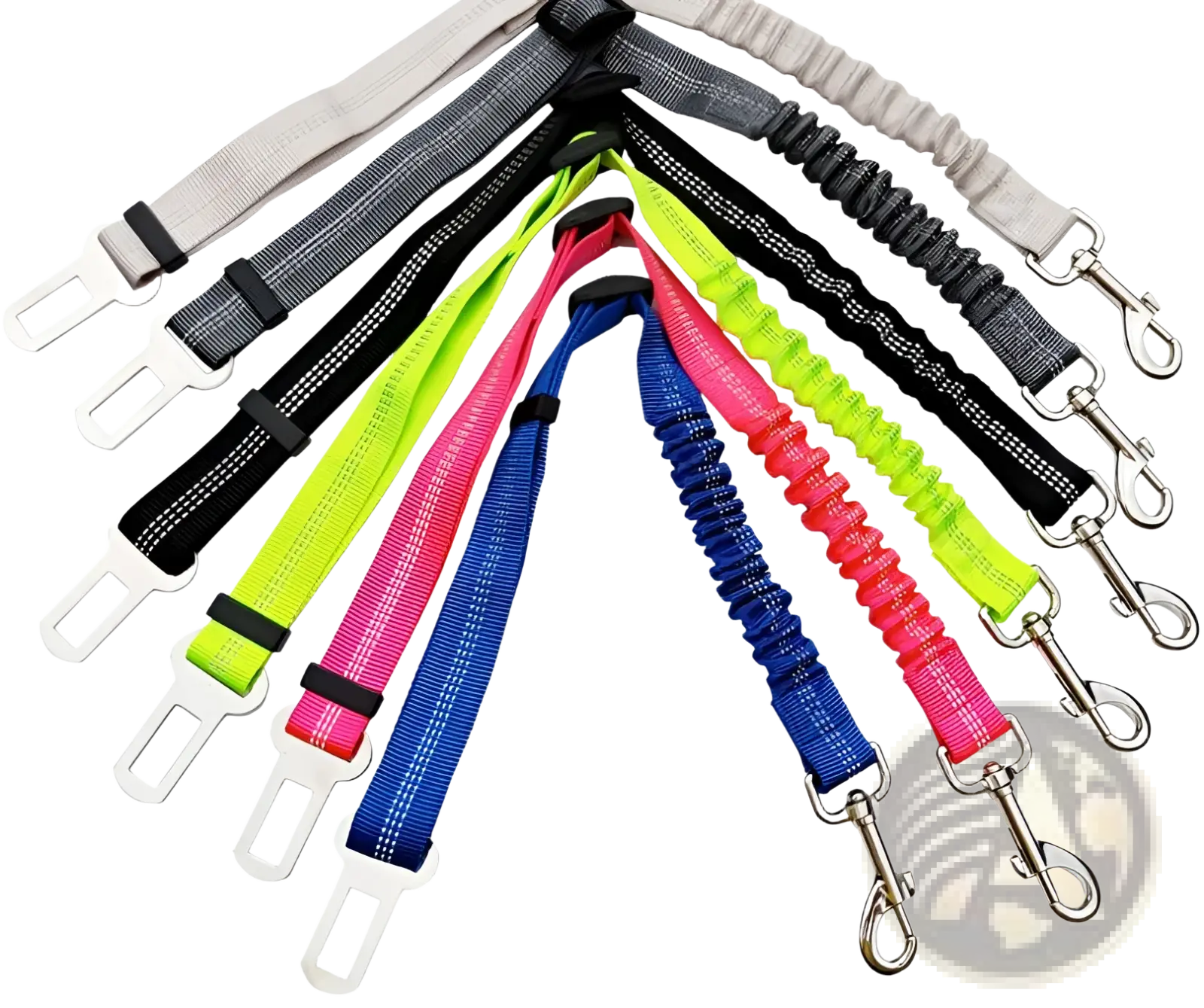 A set of colorful elastic dog seat belt safety harness leads with reflective stitching and metal buckles for car use