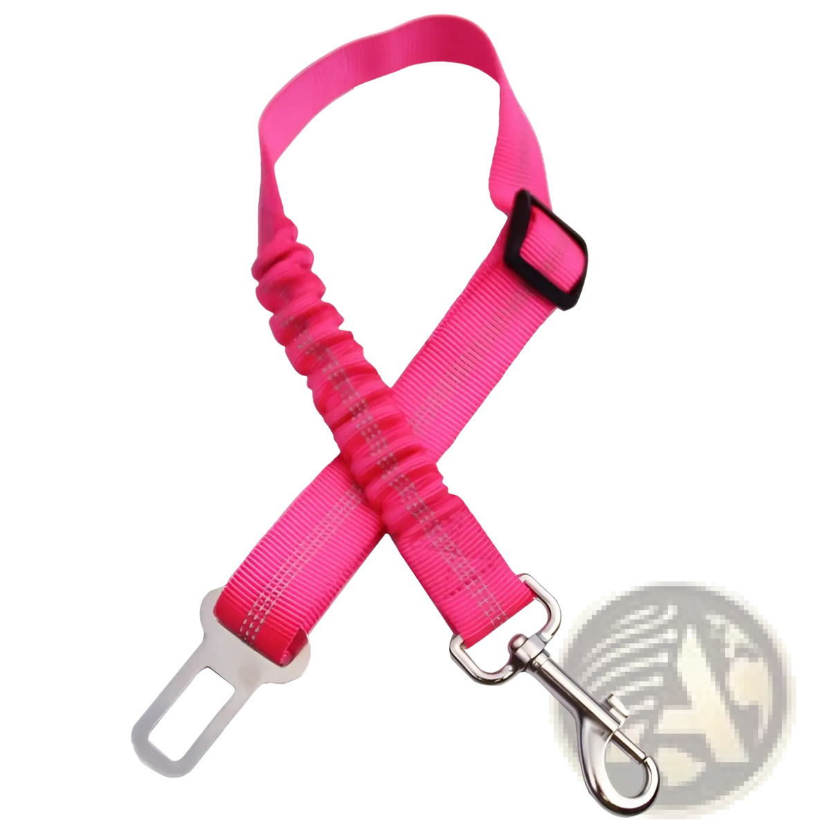 Bright pink elastic dog seat belt safety harness with black buckle and silver metal car seat belt clip and hook