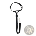 Black nylon dog seat belt harness with adjustable straps and silver metal clip for secure leash attachment