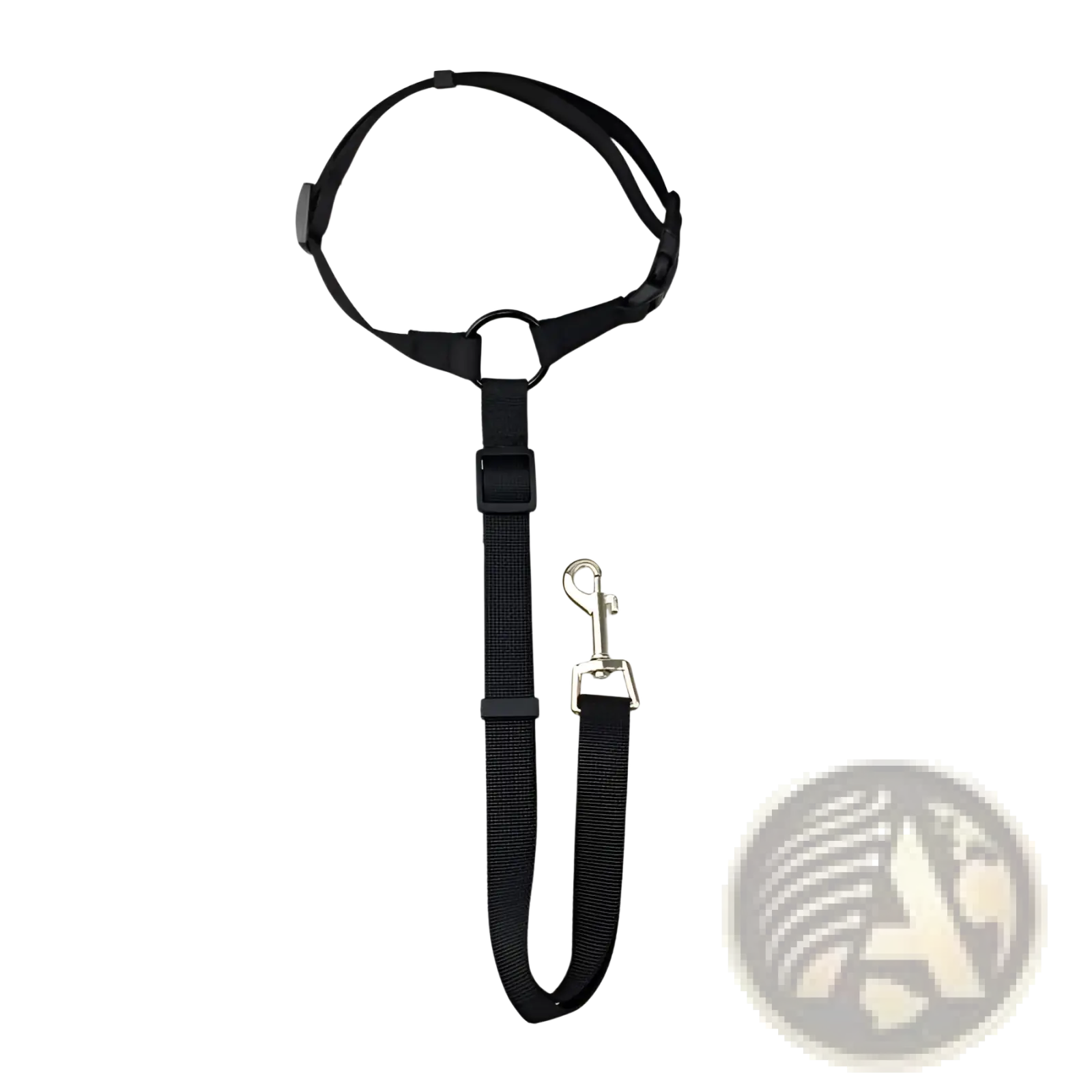Black nylon dog seat belt harness with adjustable straps and silver metal clip for secure leash attachment