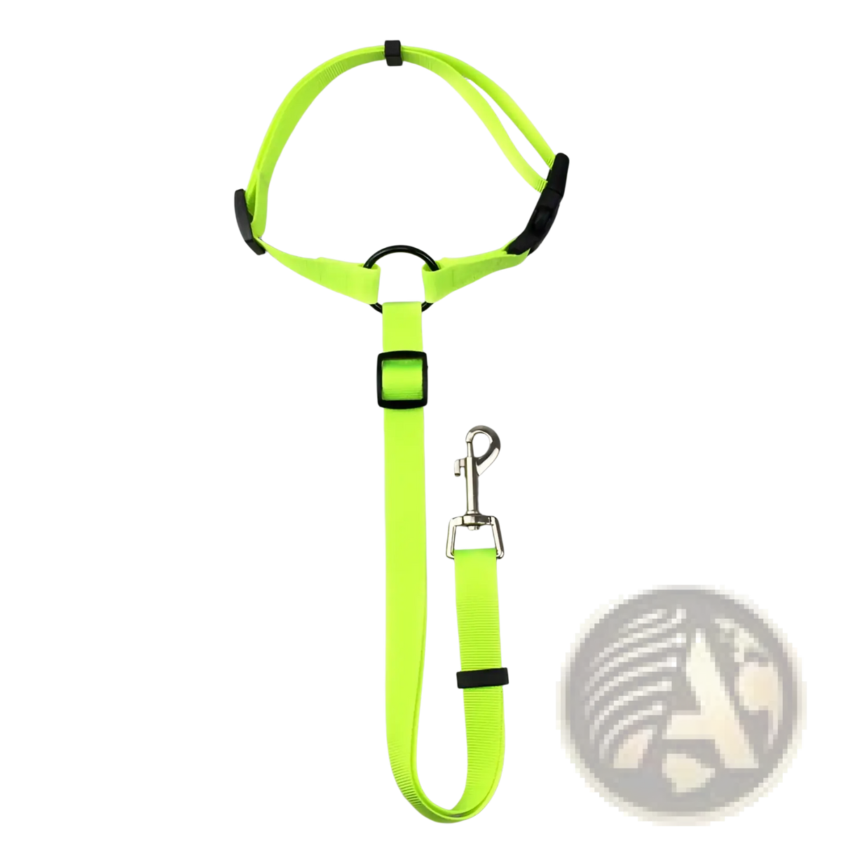 Bright neon green dog seat belt harness with black plastic hardware and a silver metal clip for secure restraint