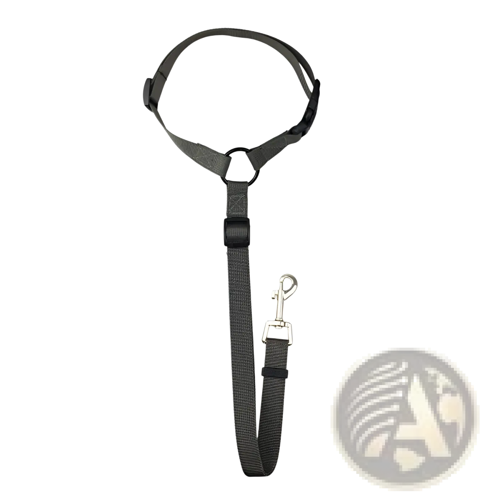 Gray fabric dog seat belt harness and leash set with black plastic buckles and silver metal clip for secure restraint
