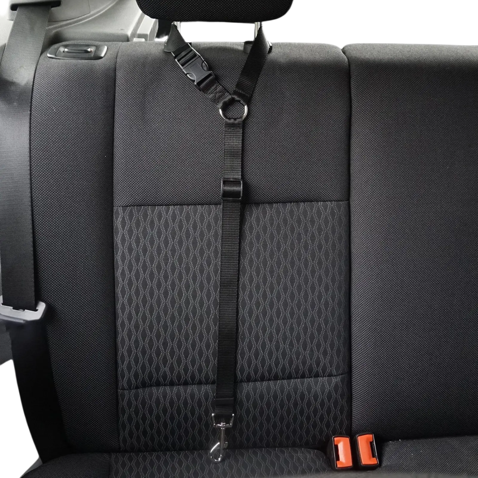 Black nylon dog seat belt harness with adjustable straps and metal d-ring attachment for secure pet restraint