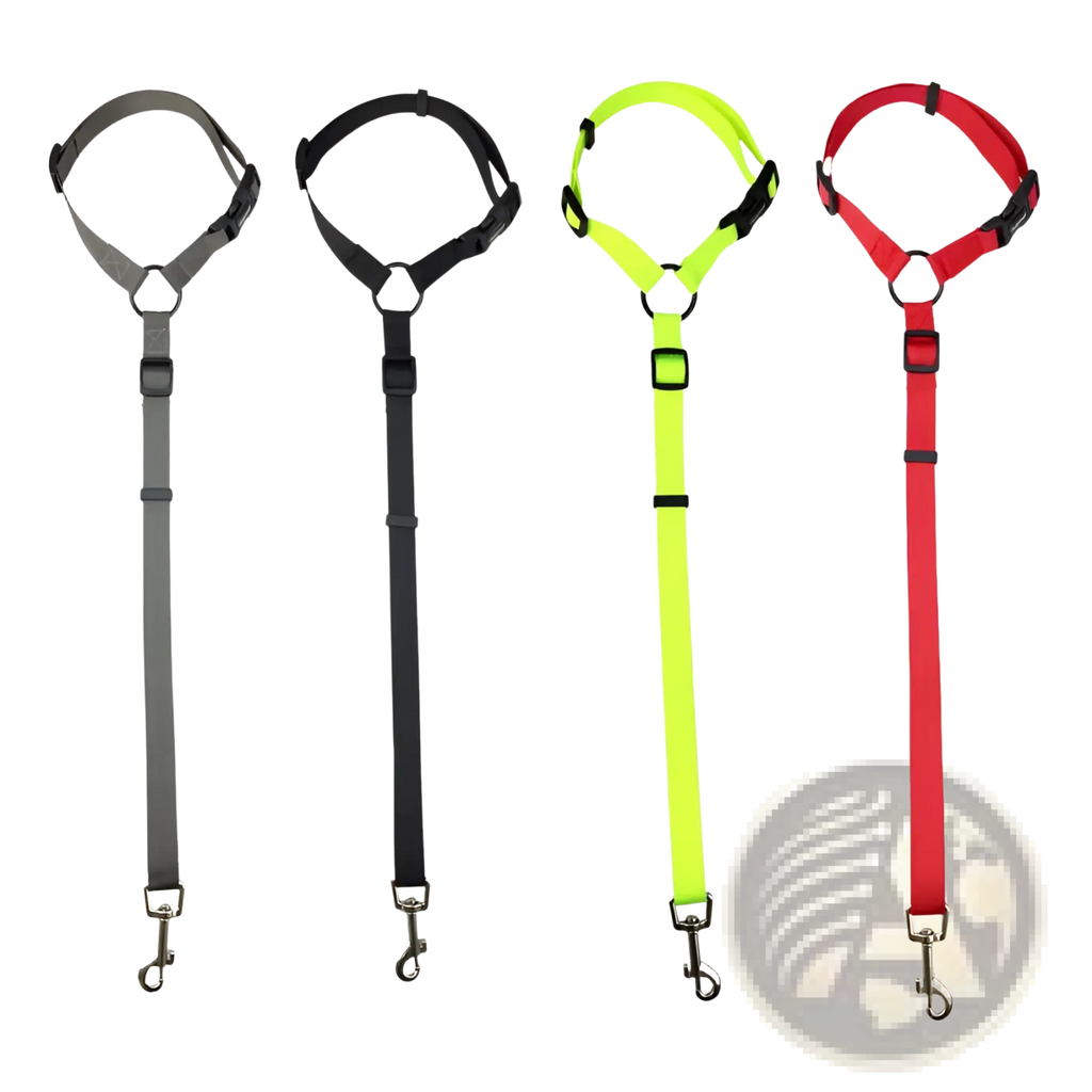 Dog seat belt harness and leash set with adjustable straps metal hooks in gray black neon yellow and red