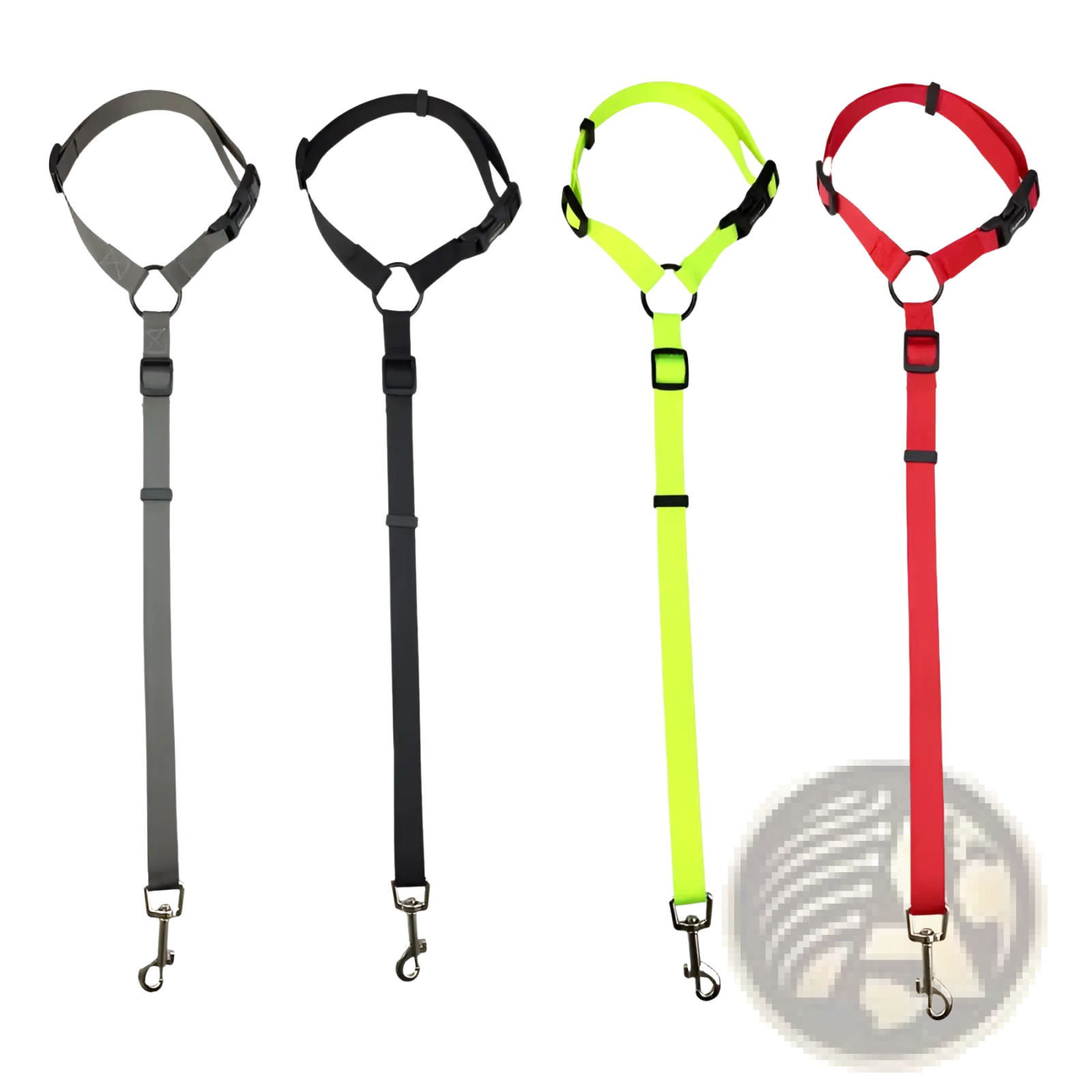 Dog seat belt harness and leash set with adjustable straps metal hooks in gray black neon yellow and red