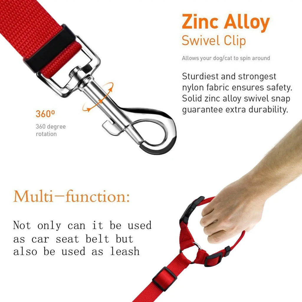Red nylon dog seat belt leash set with solid zinc alloy swivel clip for secure 360-degree rotation